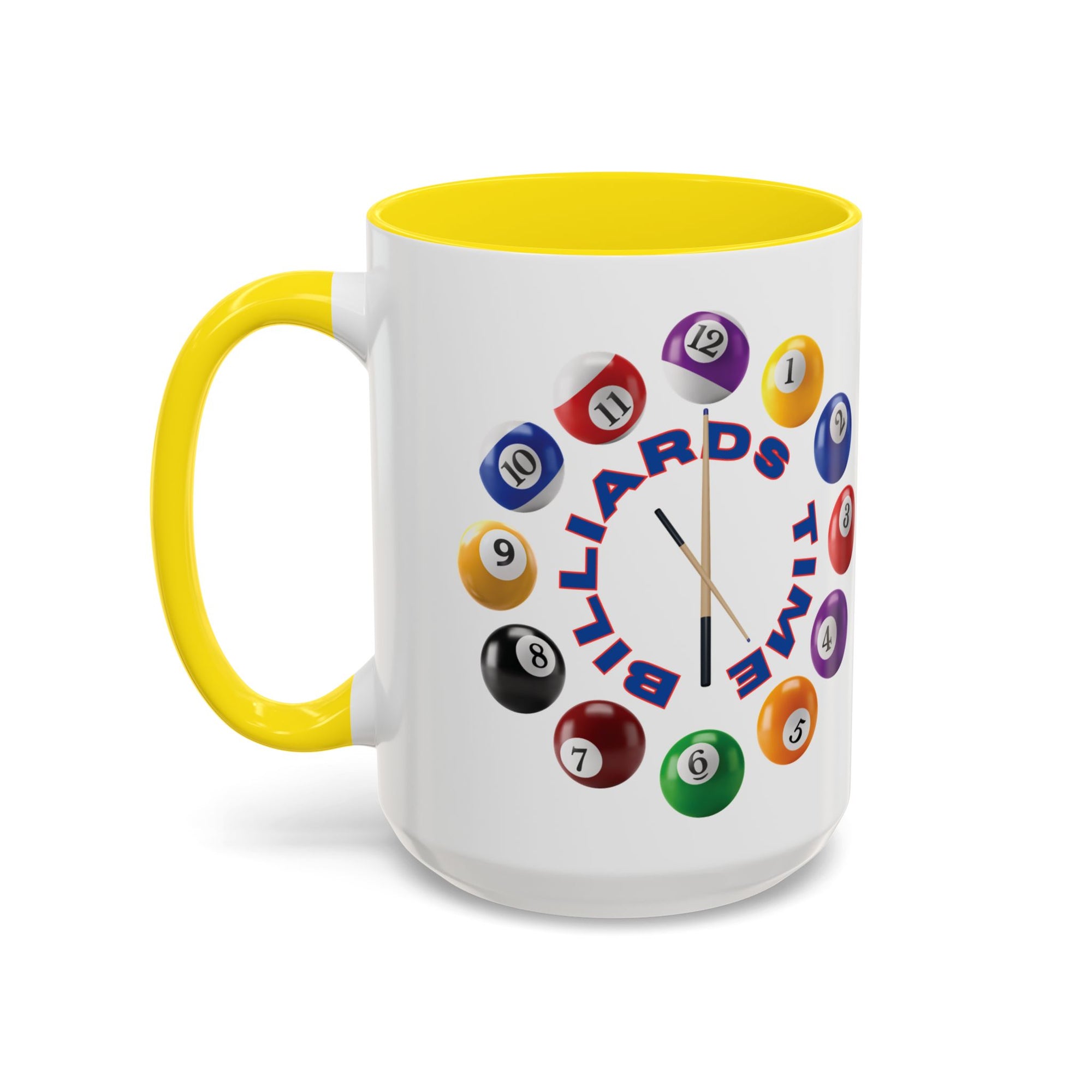 A white ceramic coffee mug with yellow accents on the handle and interior, with the text "Billiards Time" surrounded by a clock made up of colorful billiard balls and cue sticks, on a white background