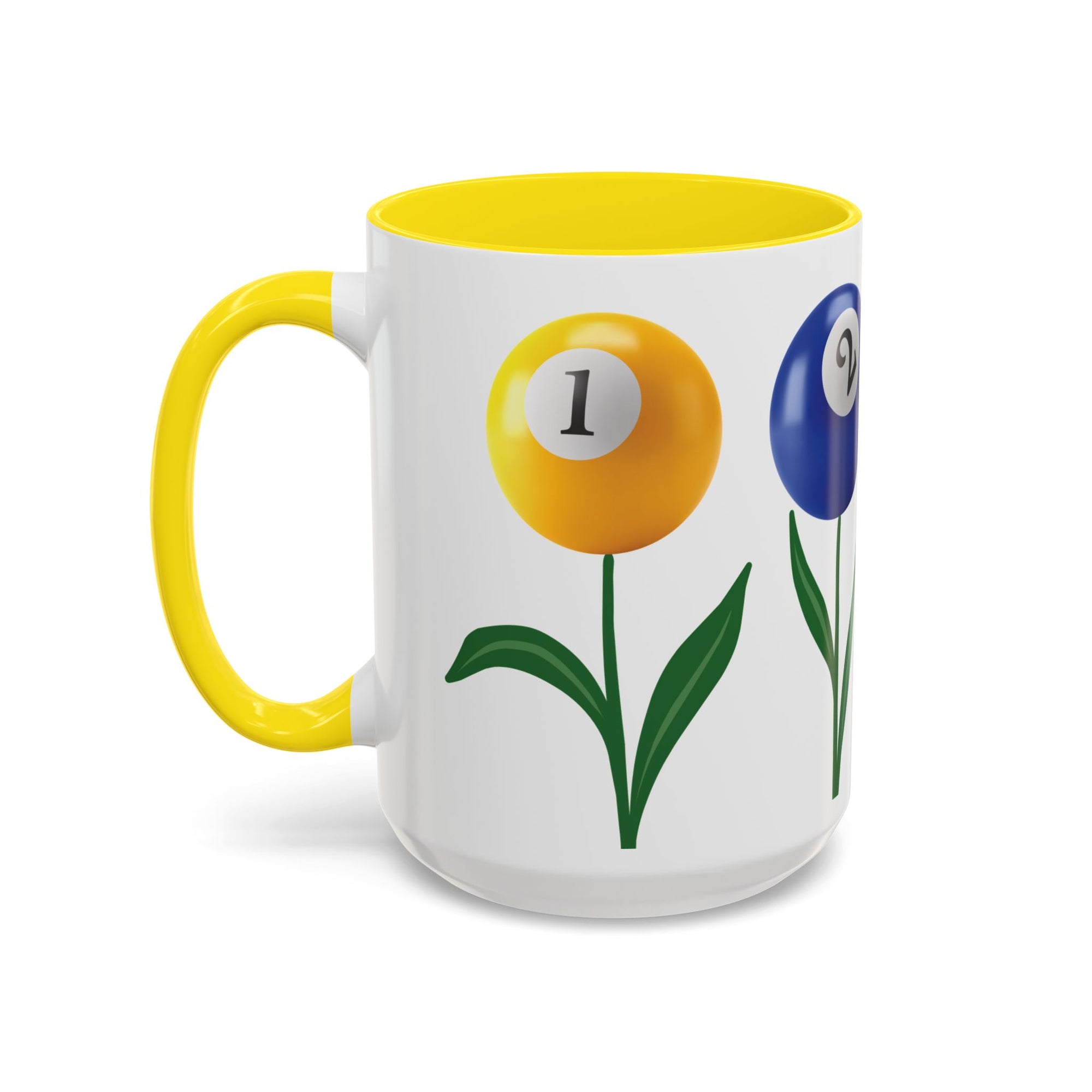A white ceramic coffee mug with yellow accents on the handle and interior, with four colorful flowers made out of billiards balls with green stems, on a white background