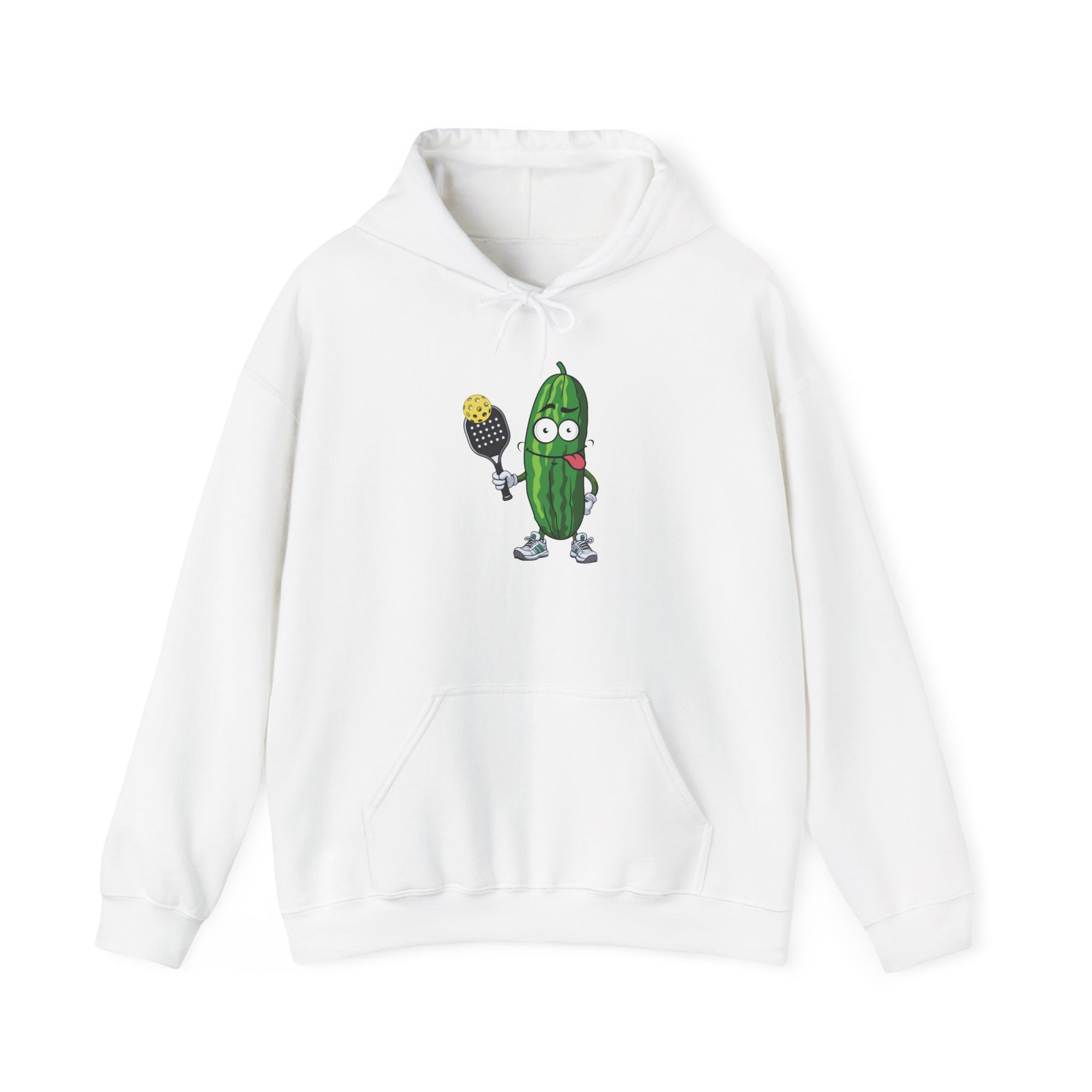 White hoodie with a cartoon pickle with googly eyes and his tongue sticking out, holding a pickleball paddle with a yellow pickleball, against a white background
