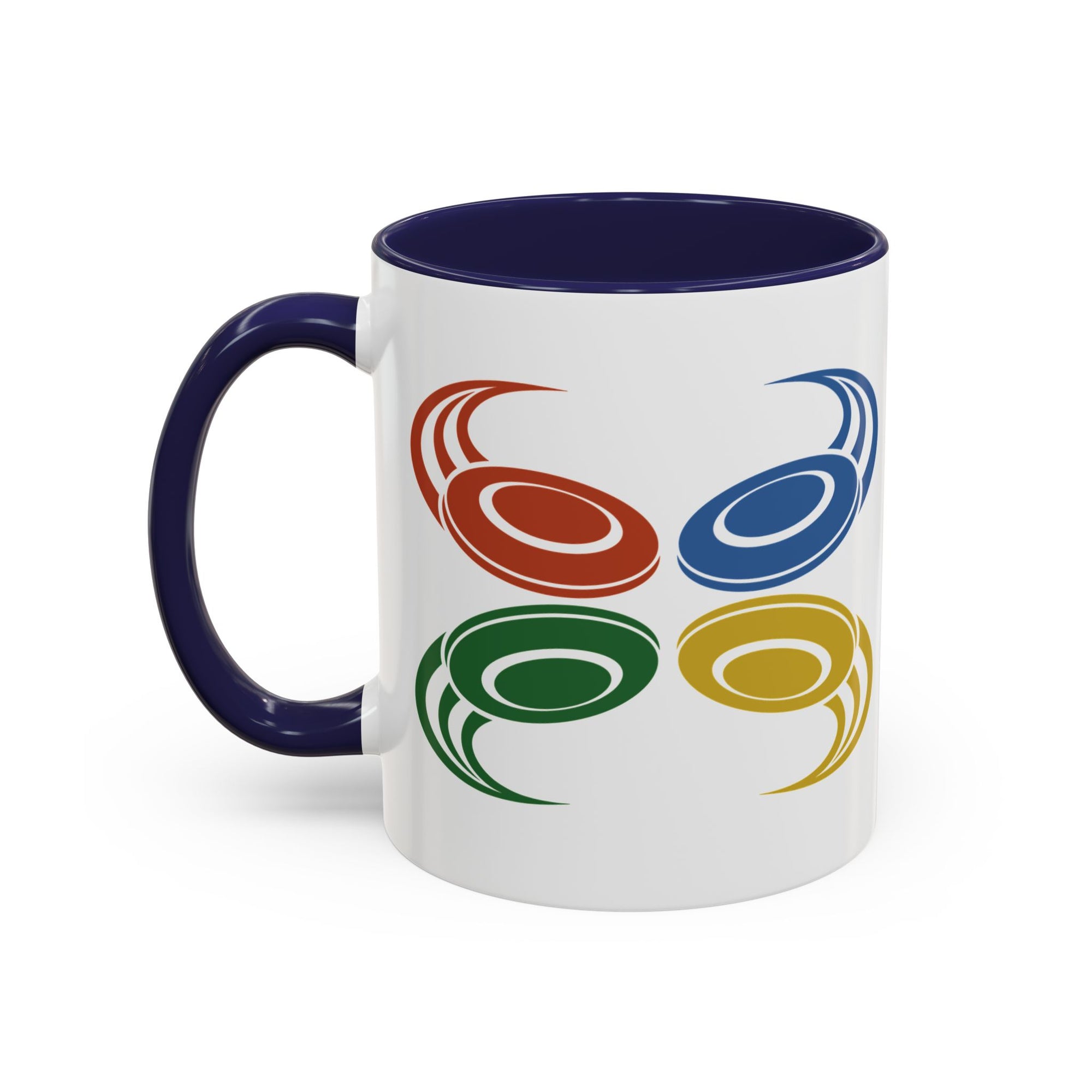 A ceramic mug with dark blue accents on the handle and interior, featuring a graphic of four colorful disc golf discs