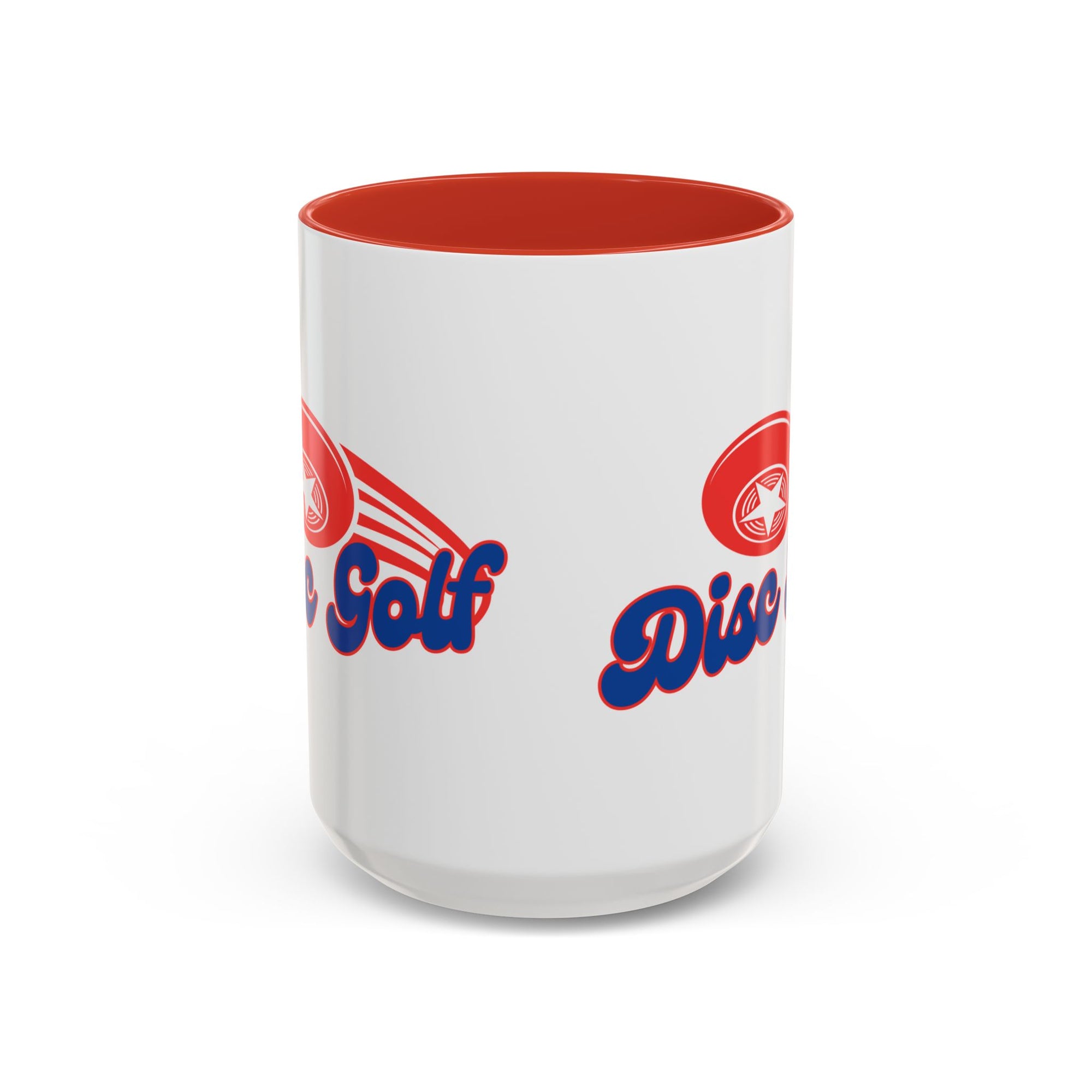 Front view of a ceramic coffee mug with red accents on the handle and interior, with 'Disc Golf' in a blue script text outlined in red and disc golf with motion trails, against a white background