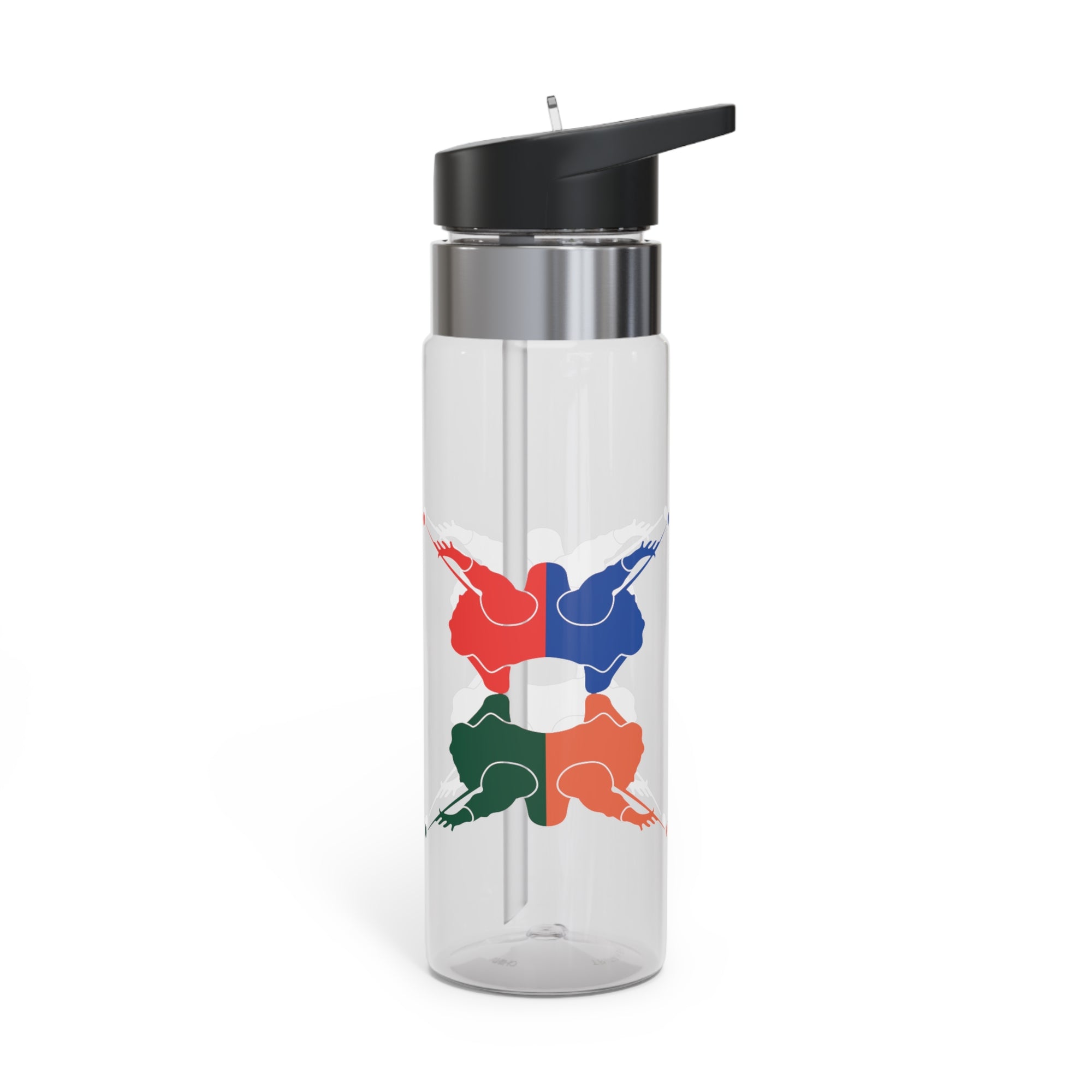 A clear water bottle with black lid with colorful graphic of 4 billiards player silhouettes in a pop art style, against a white background