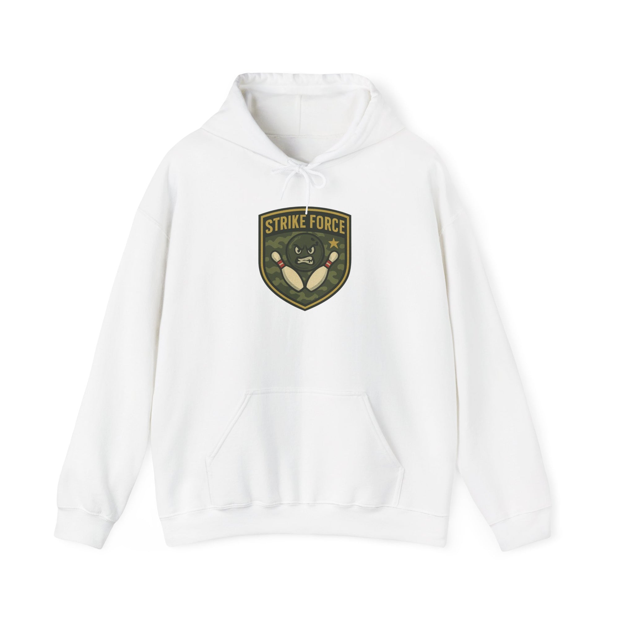White hoodie with bowling 'Strike Force' military-style patch on a white background