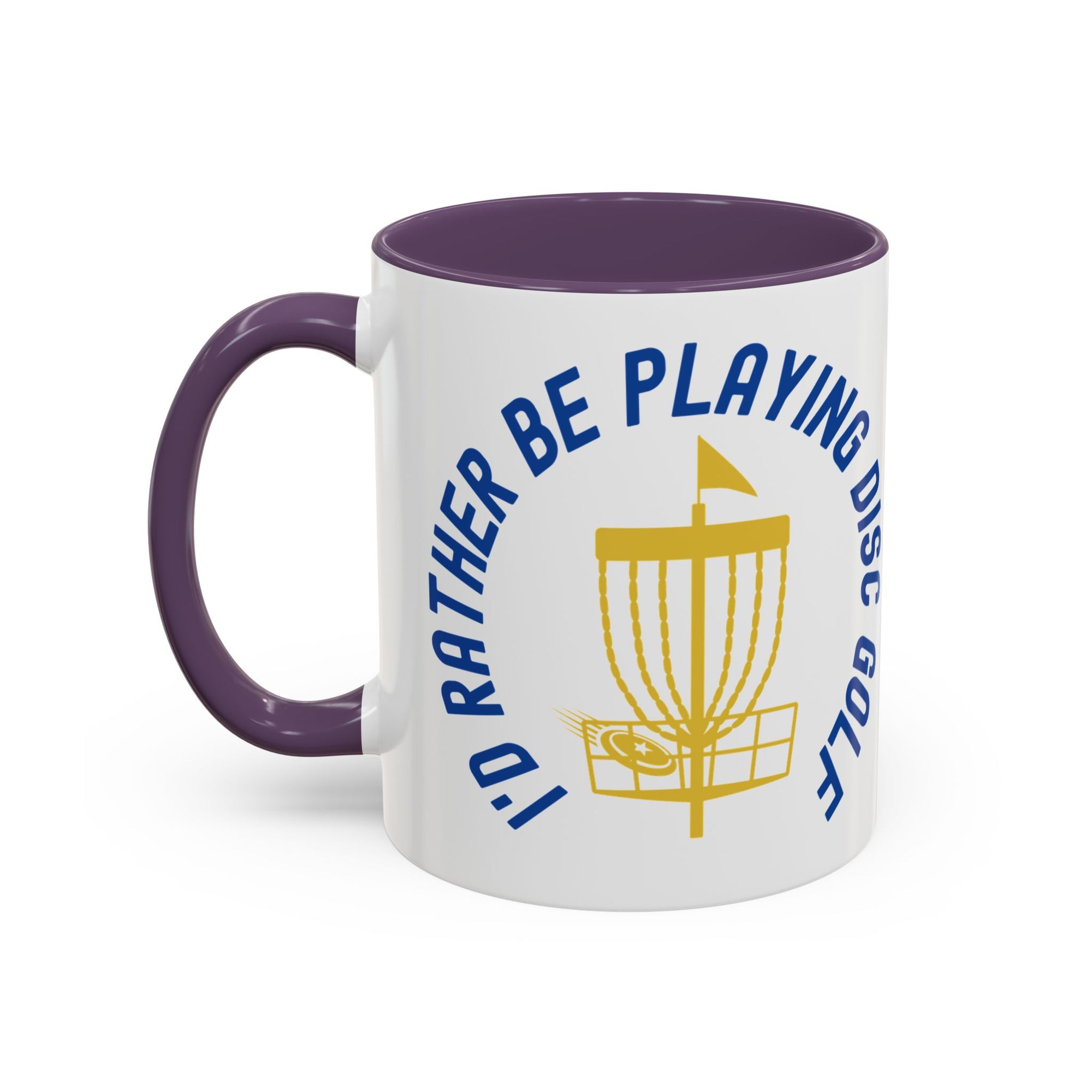 Ceramic coffee mug with purple accents on the handle and inside, with a graphic of disc golf chains, basket, and disc and text that says "I'd Rather Be Playing Disc Golf" on a white background