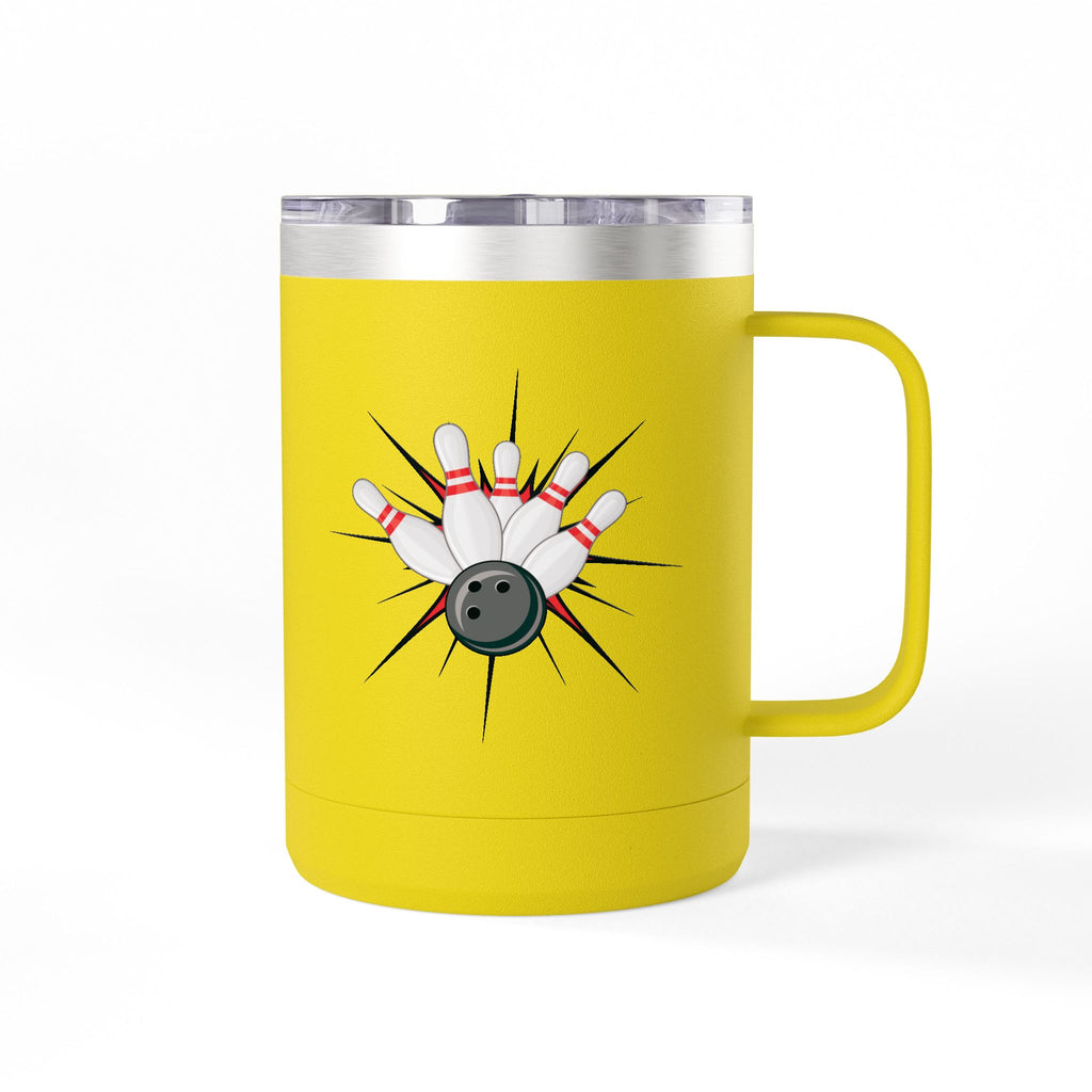 A yellow travel coffee tumbler mug with a lid and handle, with a graphic design of a bowling ball smashing into pins on a white background