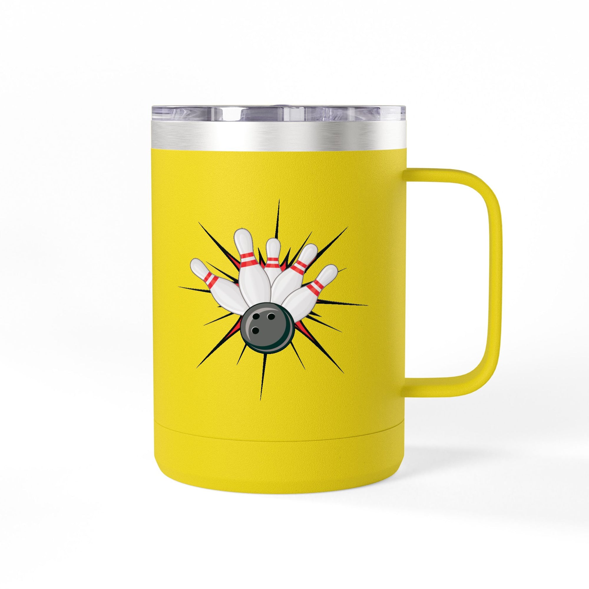 A yellow travel coffee tumbler mug with a lid and handle, with a graphic design of a bowling ball smashing into pins on a white background