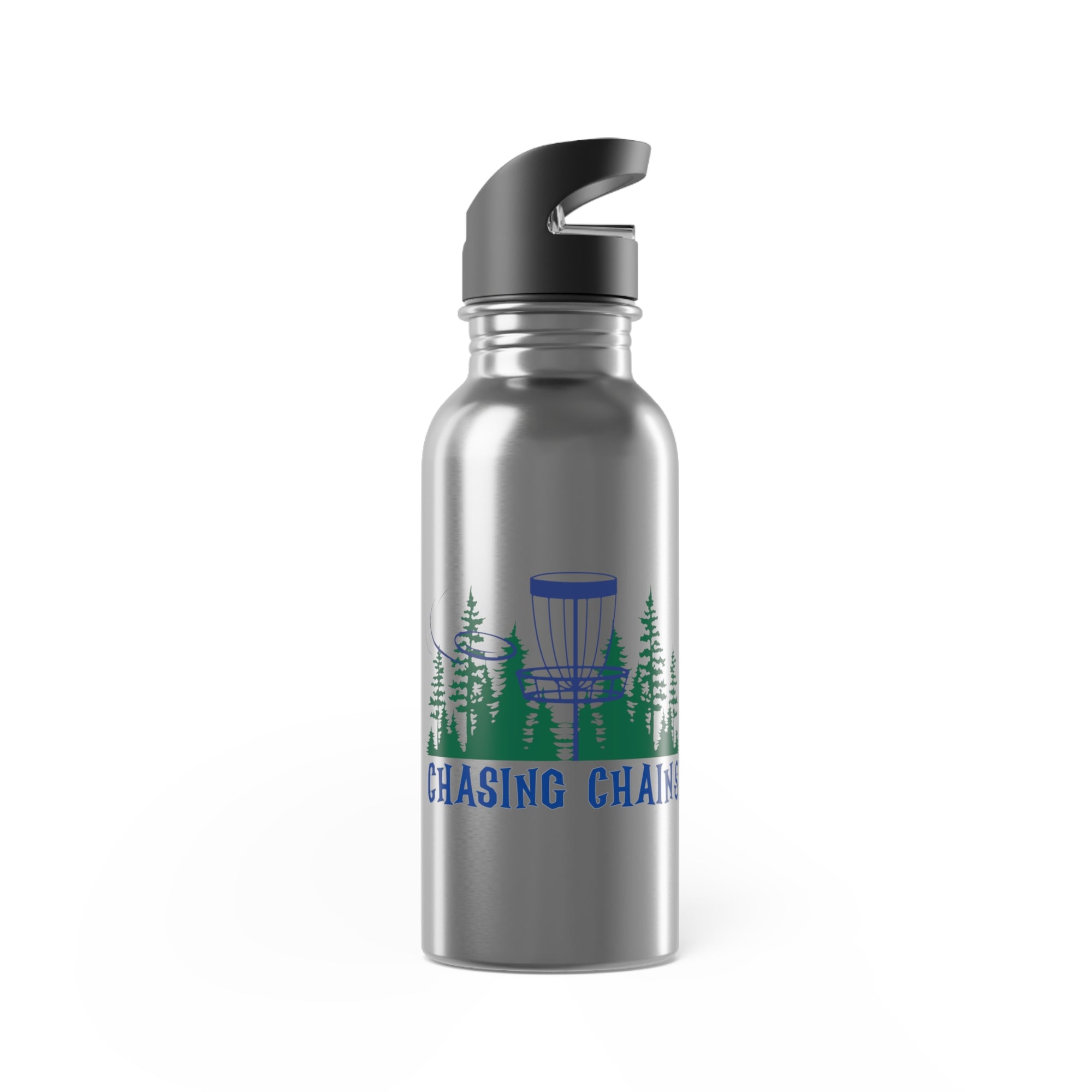 A stainless steel water bottle with lid, with 'Chasing Chains' graphic featuring a flying disc golf disc and basket and chains in front of a scenic evergreen tree landscape, against a white background