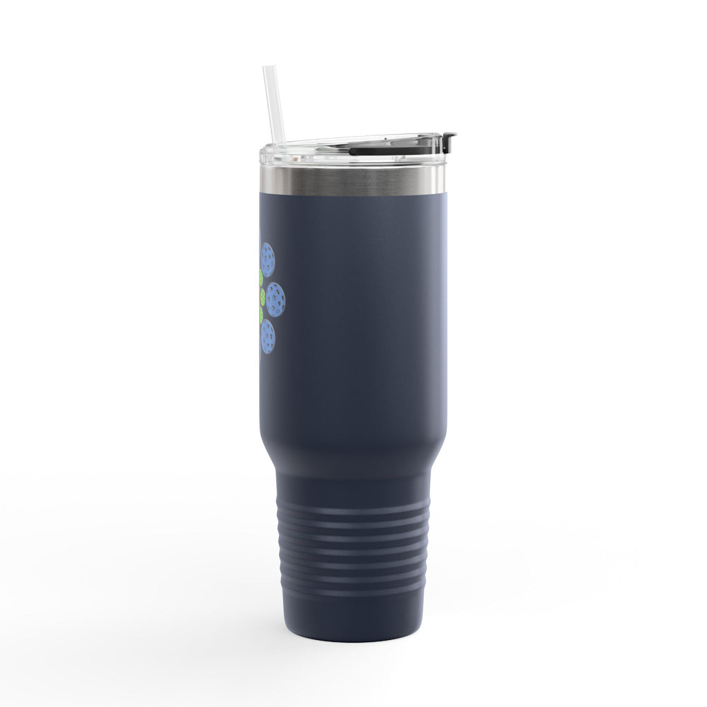 Side view of a 40oz stainless steel tumbler mug with lid, straw, and handle featuring a colorful geometric design of pickleballs against a white background