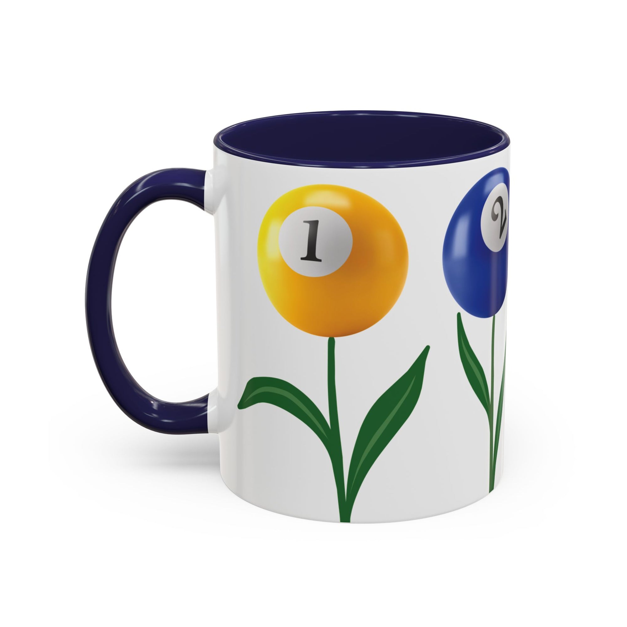 A white ceramic coffee mug with dark blue accents on the handle and interior, with four colorful flowers made out of billiards balls with green stems, on a white background
