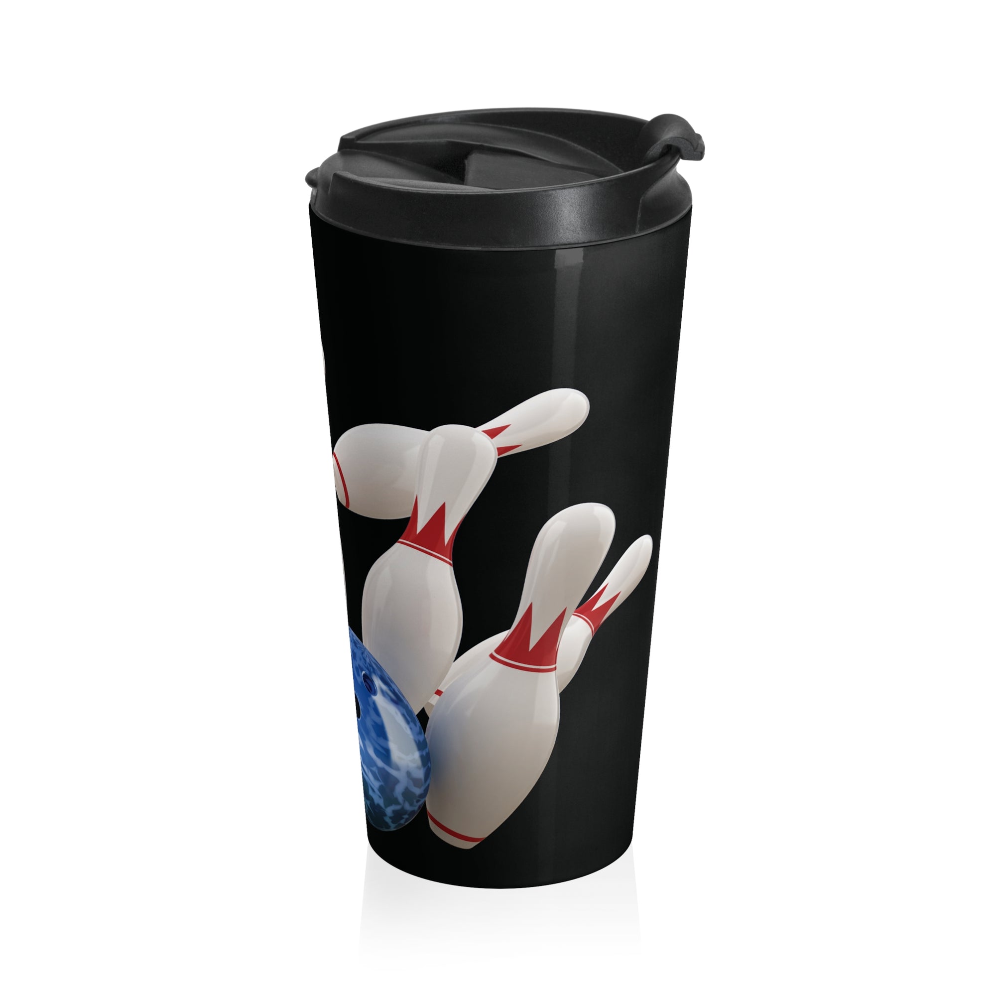 Black travel mug with a lid, with a graphic of a blue bowling ball knocking over bowling pins, on a white background