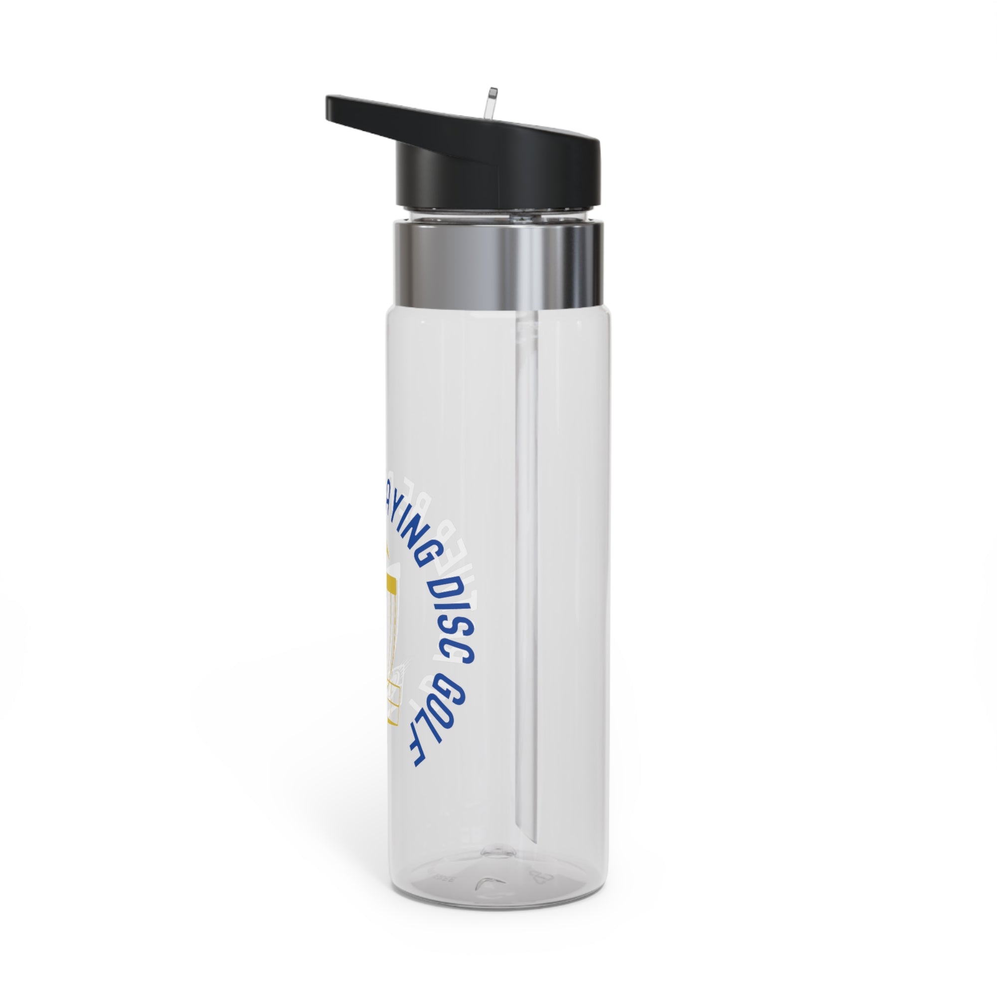 Side view of a clear water bottle with a straw with a graphic of disc golf chains, basket, and disc and text that says "I'd Rather Be Playing Disc Golf" against a white background