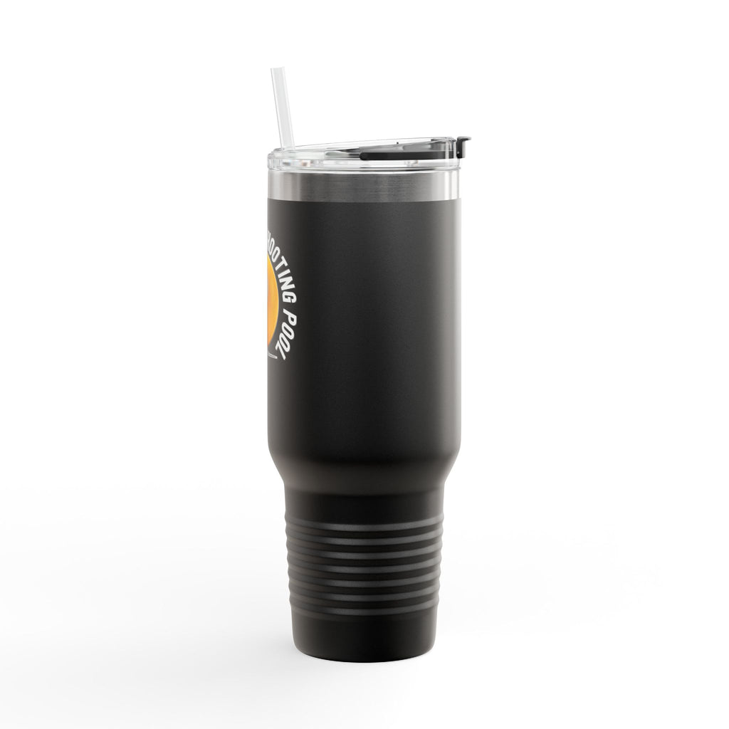 Side view of a 40oz black tumbler with lid and straw with a yellow billiards ball and cue stick graphic and the text "I'd Rather Be Shooting Pool" on a white background