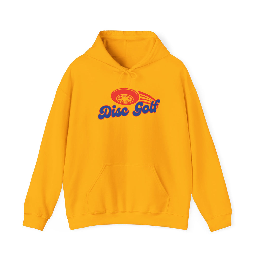 Yellow hoodie with 'Disc Golf' in a blue script text outlined in red and disc golf with motion trails, against a white background