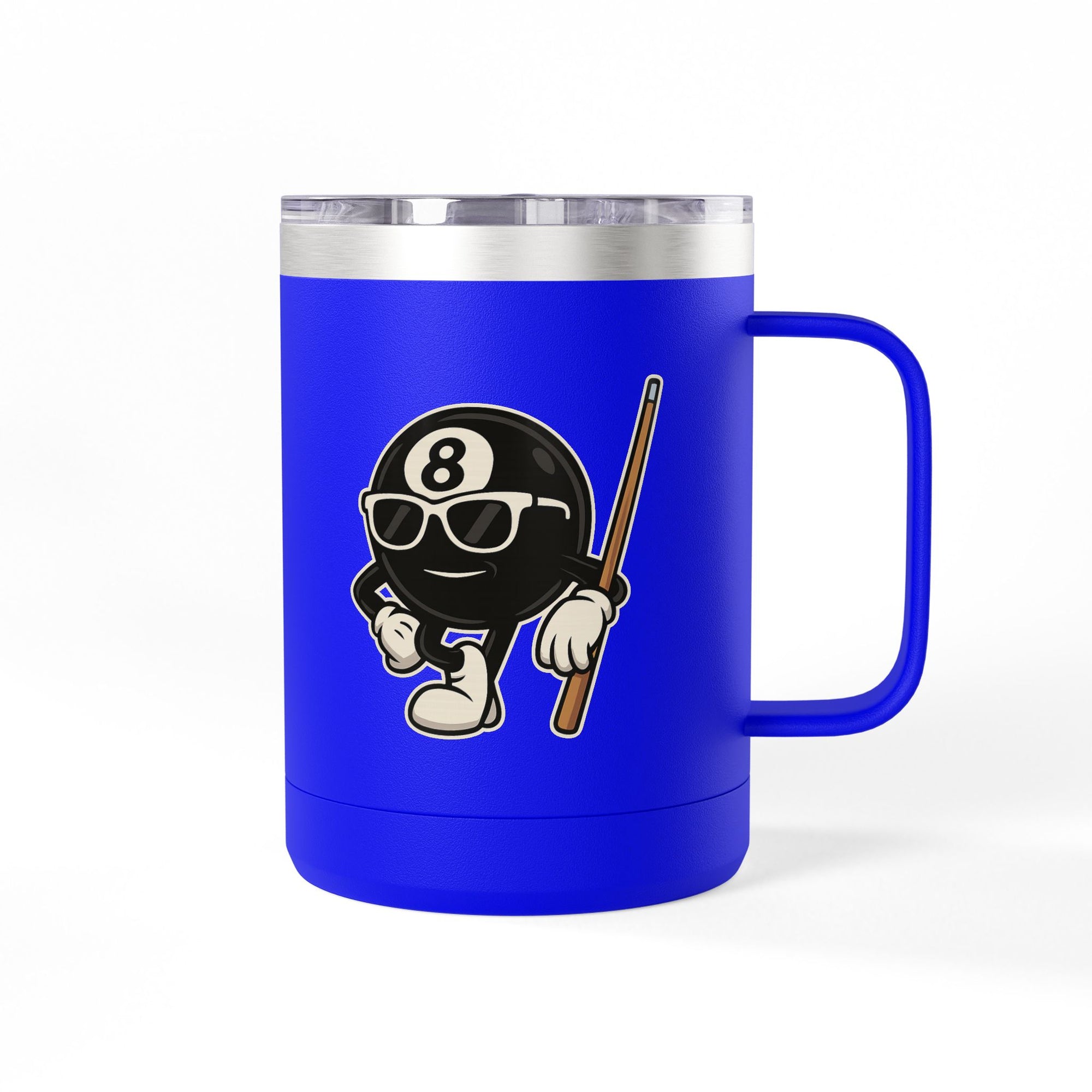 A blue travel coffee mug tumbler with handle and a lid, with a graphic of a cartoon billiards 8 ball with arms and legs and wearing sunglasses and leaning on a cue stick, on a white background