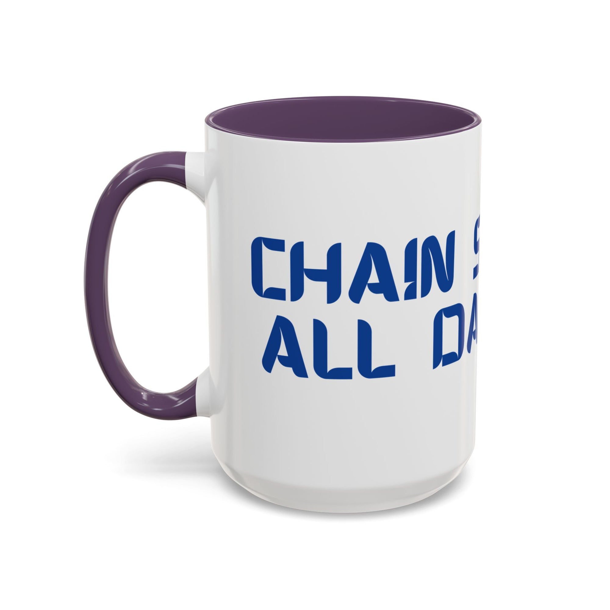 A ceramic coffee mug with purple accents on the handle and interior, with 'CHAIN SMOKING ALL DAY LONG' text with the O's replaced by disc golf discs, against a white background