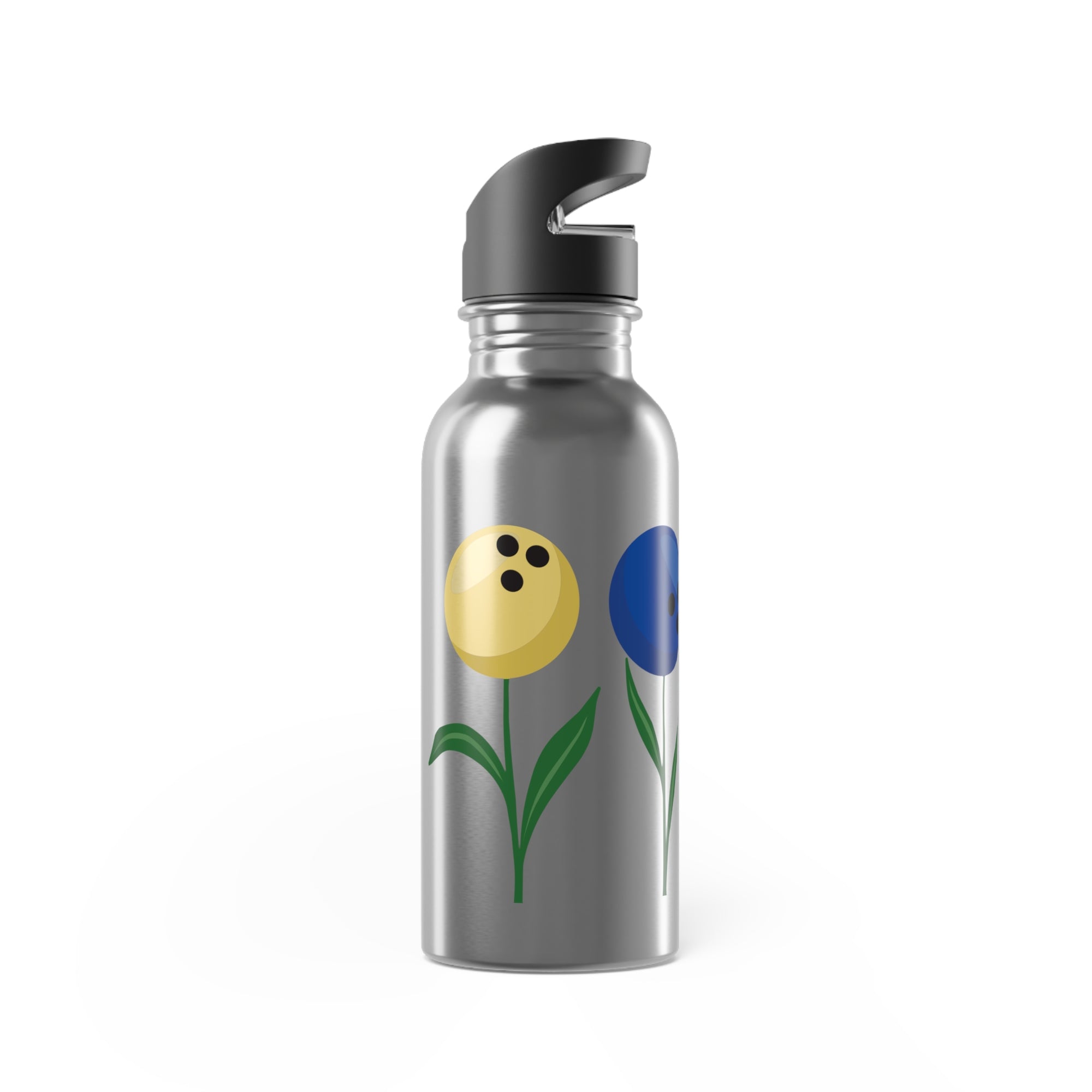 A stainless steel water bottle with a black lid, with colorful flowers made out of bowling balls, on a white background