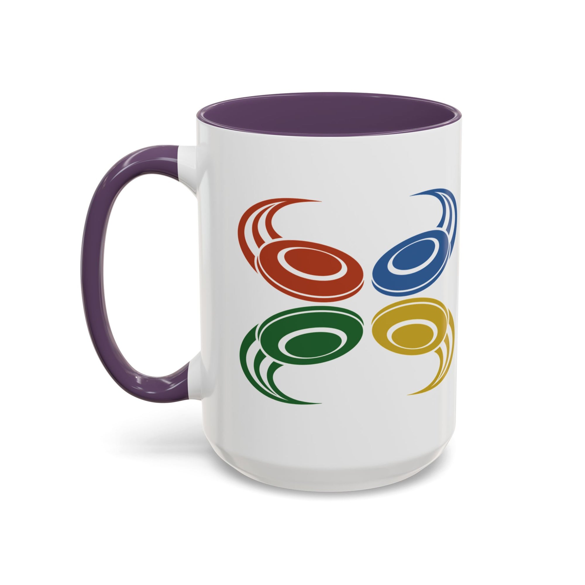 A ceramic mug with purple accents on the handle and interior, featuring a graphic of four colorful disc golf discs