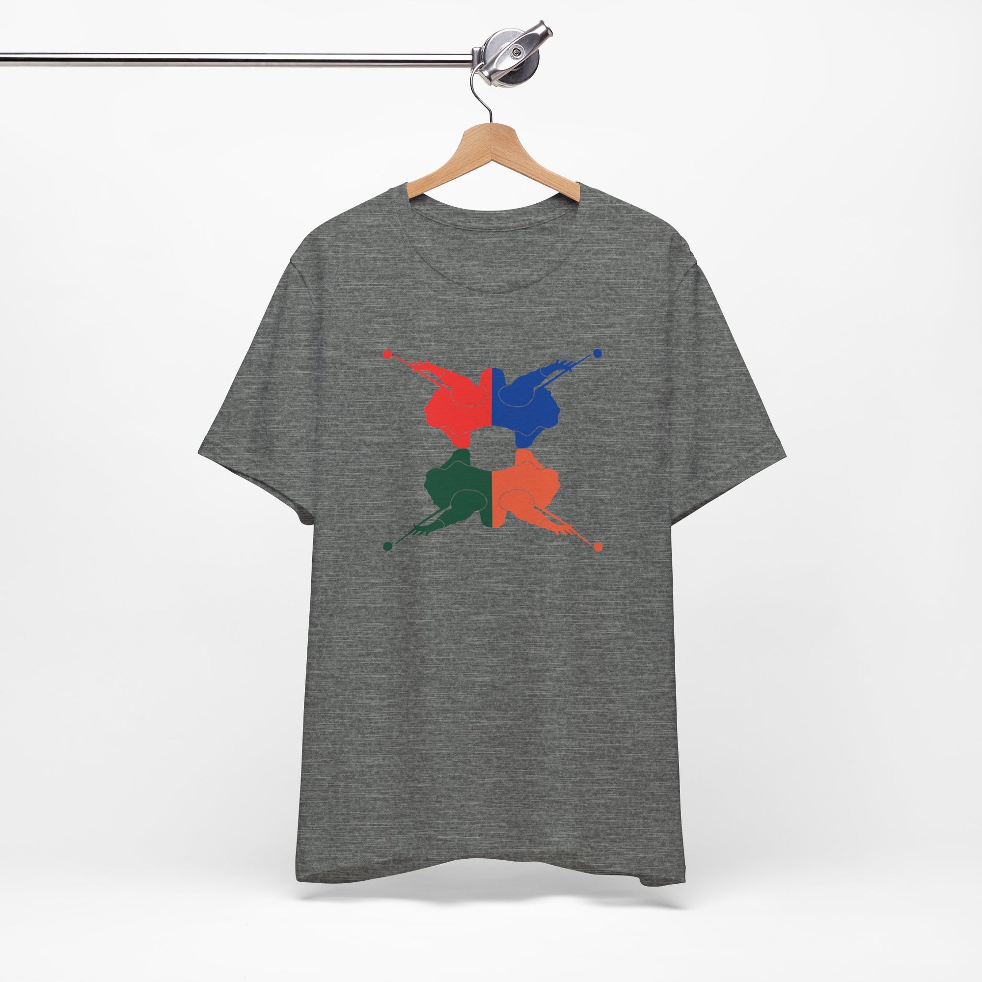 Gray t-shirt with colorful graphic of 4 billiards player silhouettes in a pop art style, on a hanger against a white background