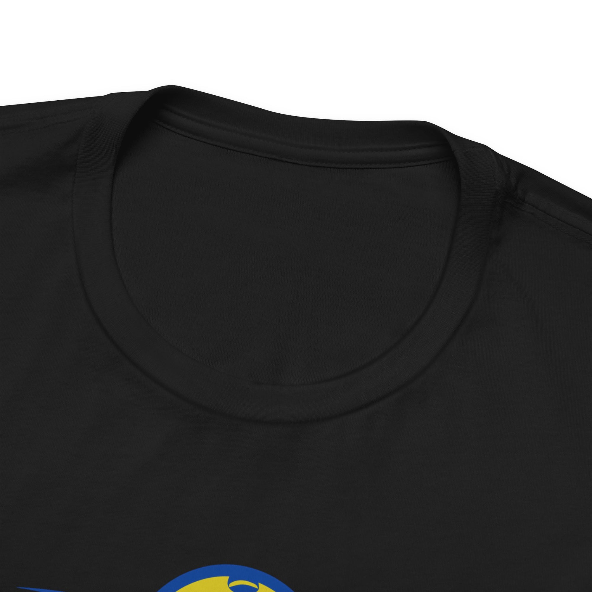 Neckline view of a black t-shirt with a classic pickleball logo featuring the word pickleball and a yellow pickleball with motion lines, on a hanger against a white background