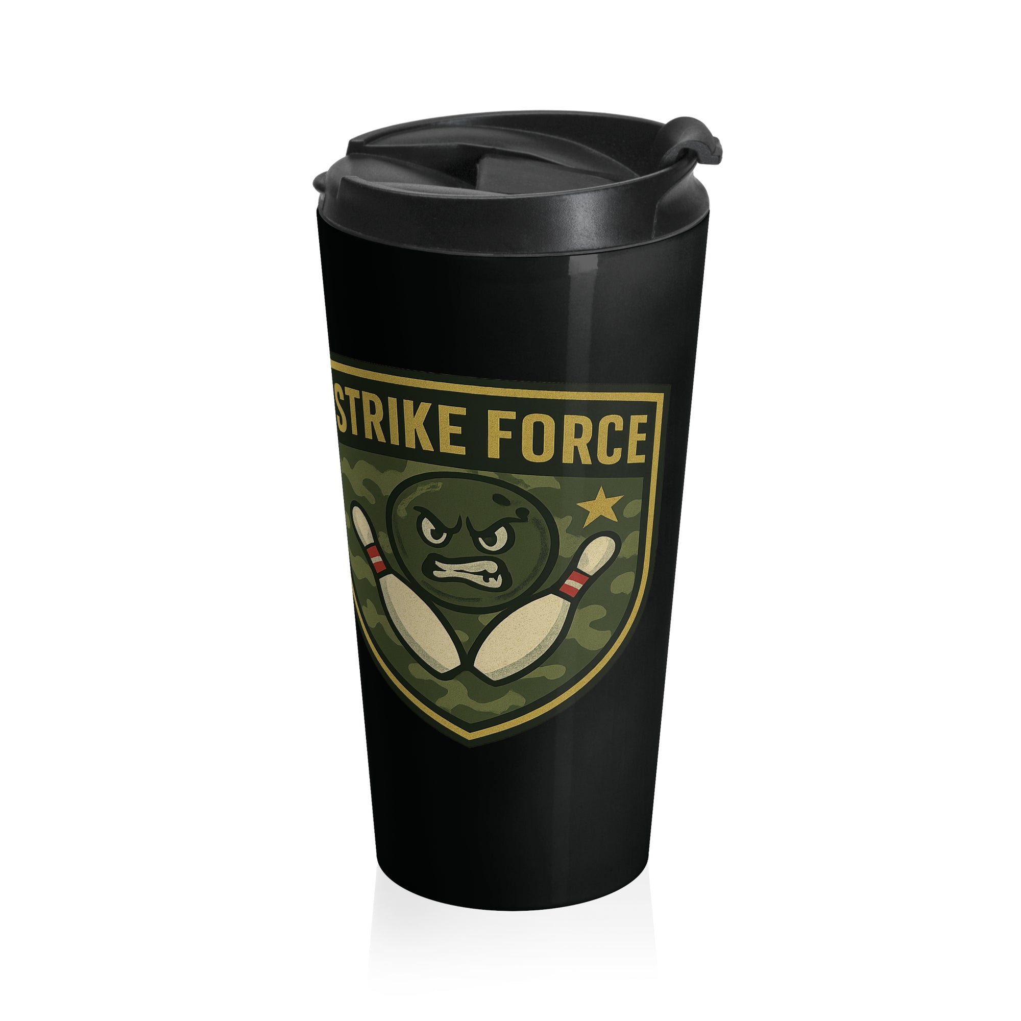 Black travel mug with a black lid, with bowling 'Strike Force' military-style patch on a white background