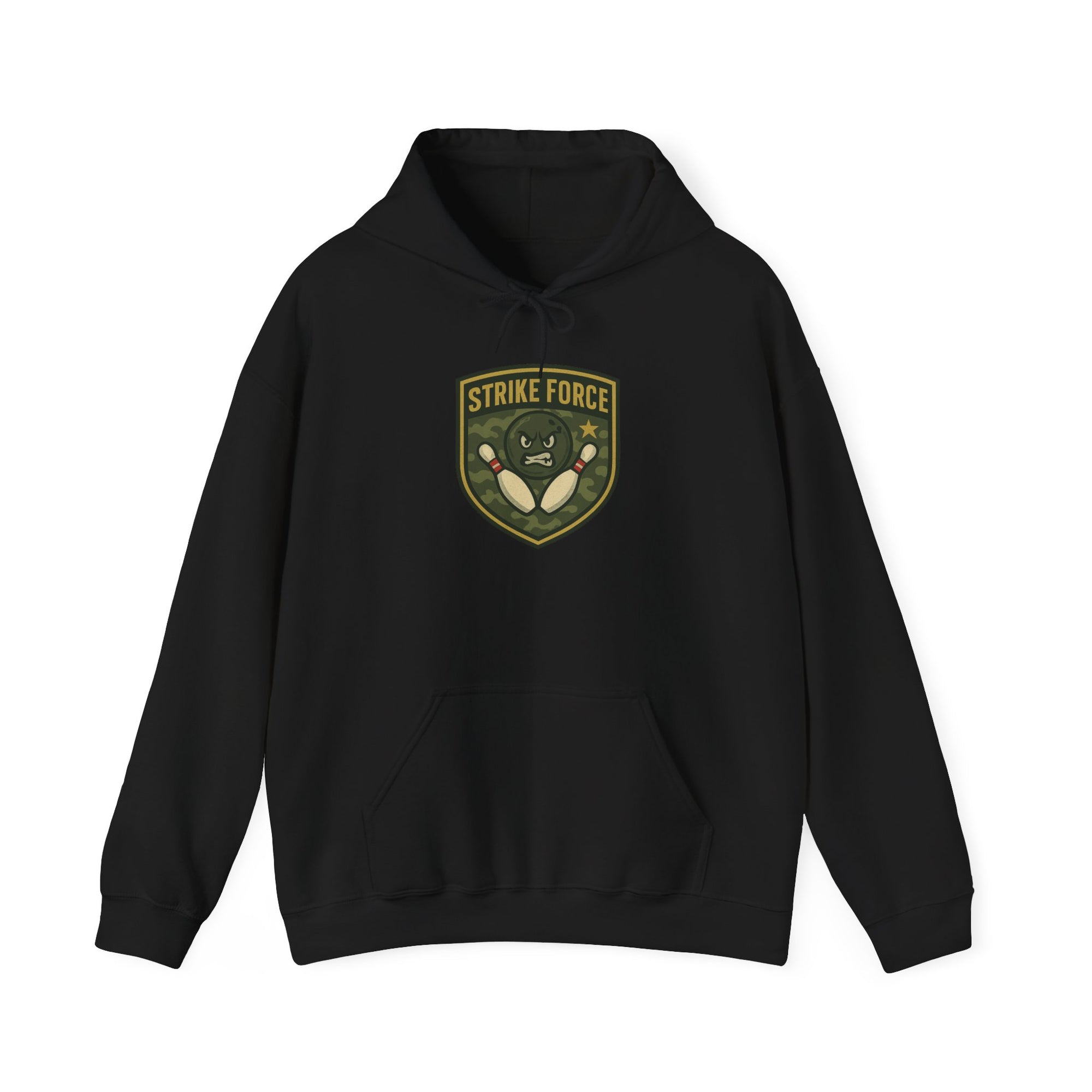 Black hoodie with bowling 'Strike Force' military-style patch on a white background