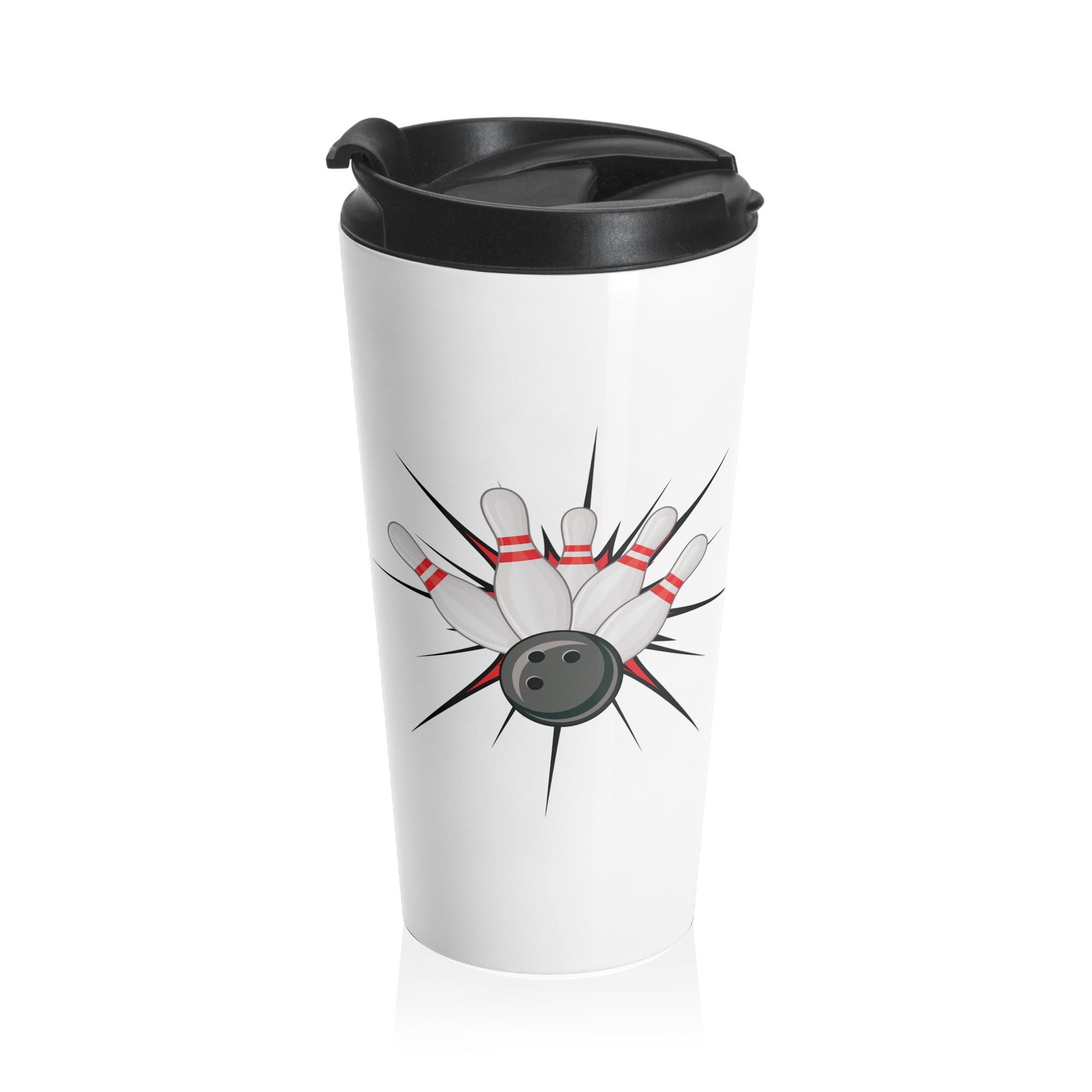 A white travel mug with a black lid, with a graphic design of a bowling ball smashing into pins on a white background