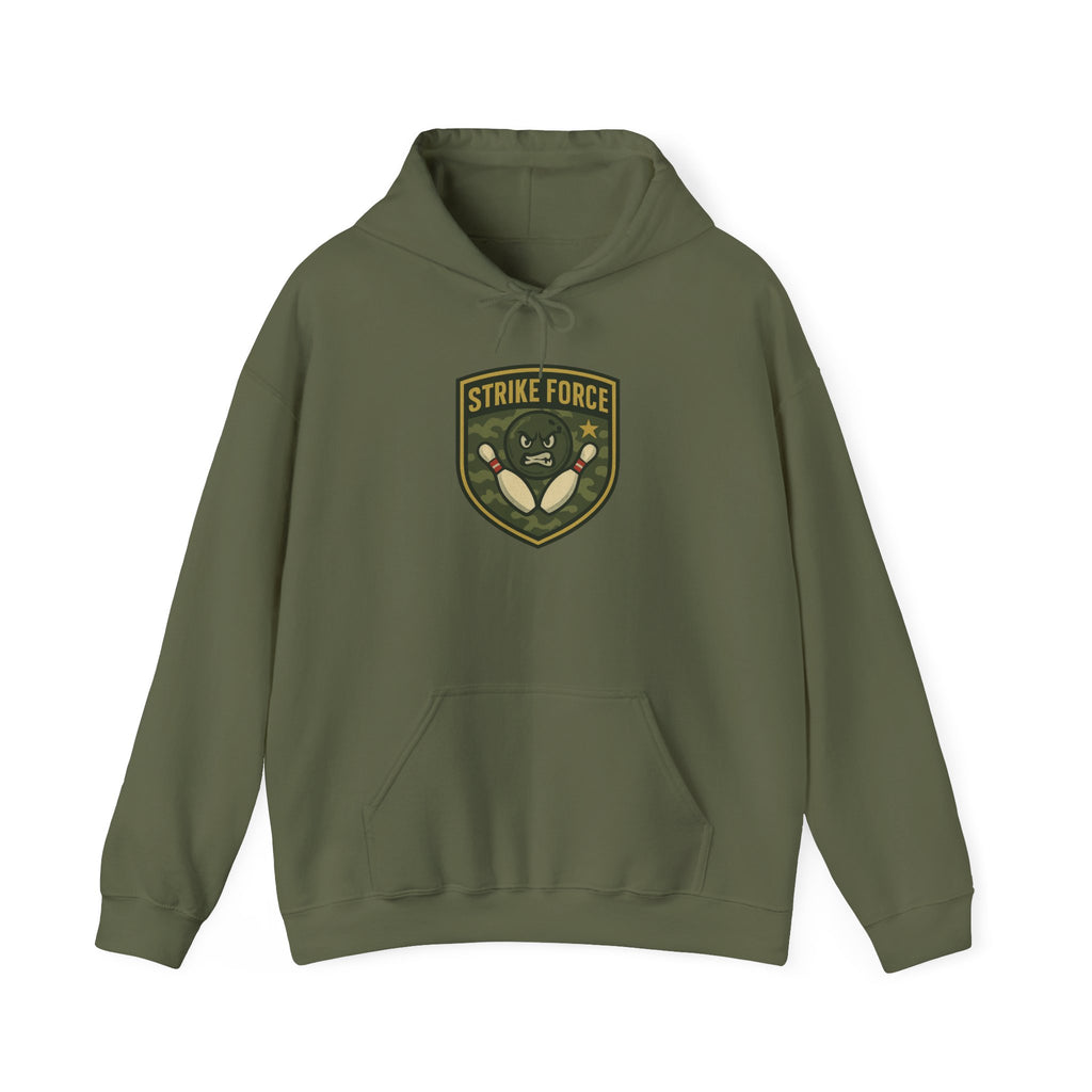 Military green hoodie with bowling 'Strike Force' military-style patch on a white background