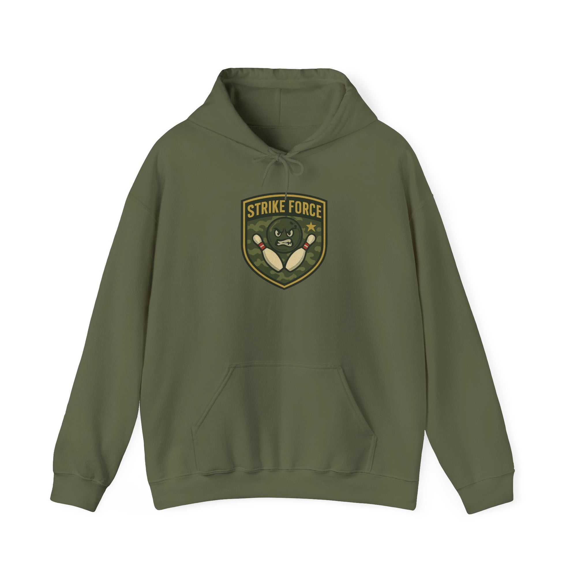 Military green hoodie with bowling 'Strike Force' military-style patch on a white background