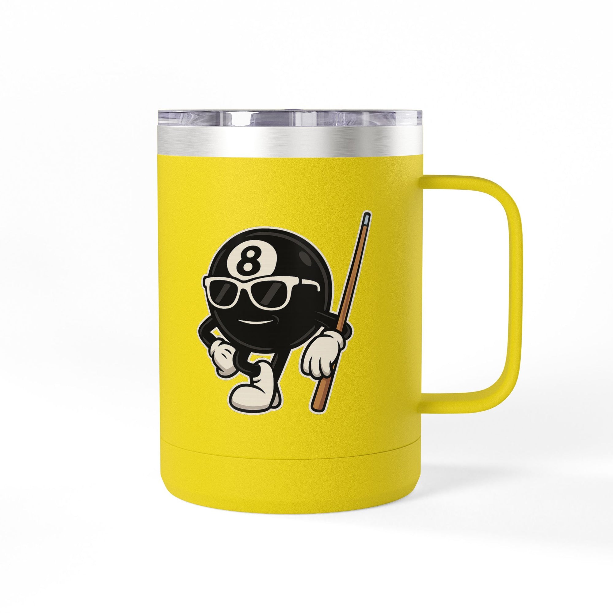 A yellow travel coffee mug tumbler with handle and a lid, with a graphic of a cartoon billiards 8 ball with arms and legs and wearing sunglasses and leaning on a cue stick, on a white background