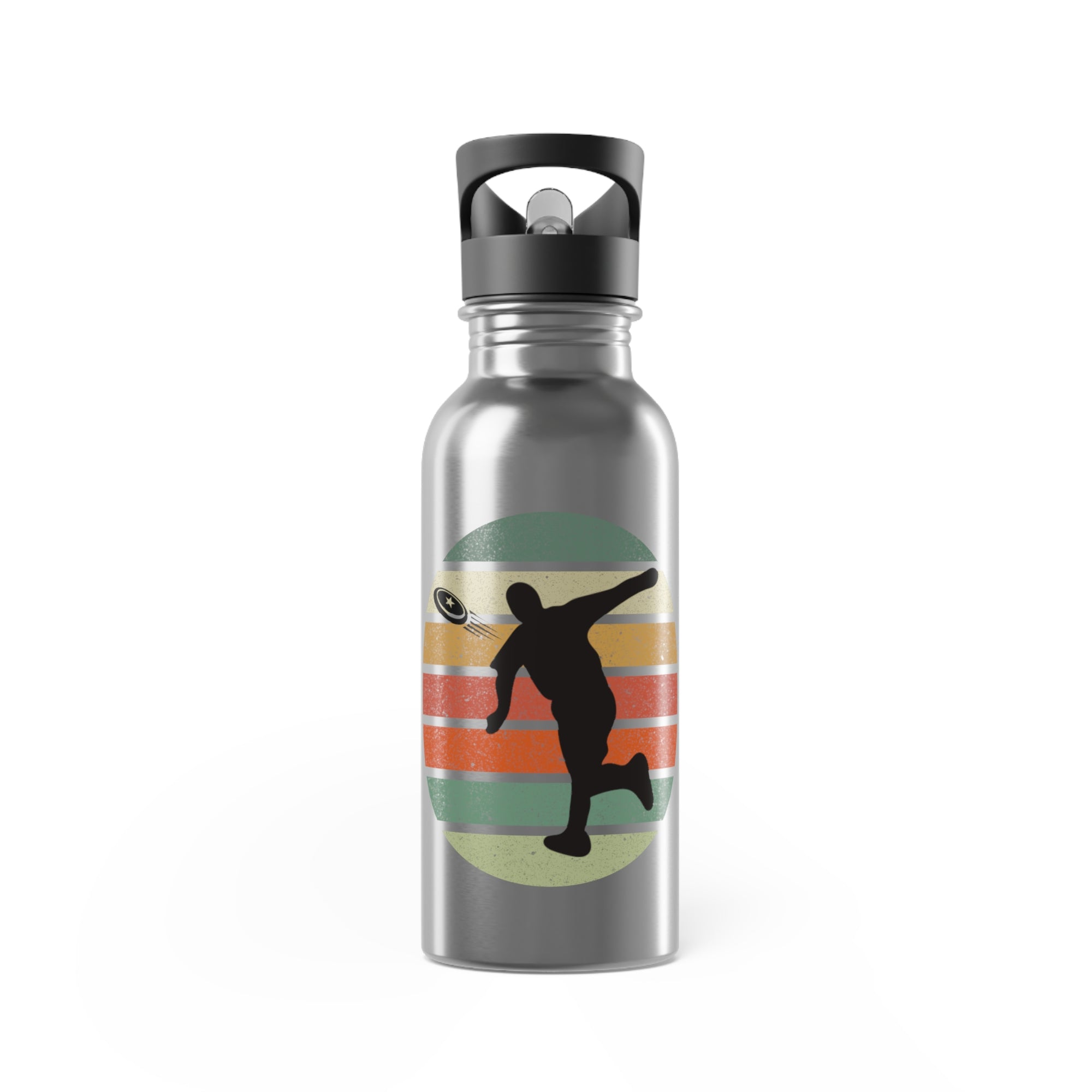 Stainless steel water bottle with a graphic of a silhouette of a person playing disc golf over a colorful retro design, on a white background