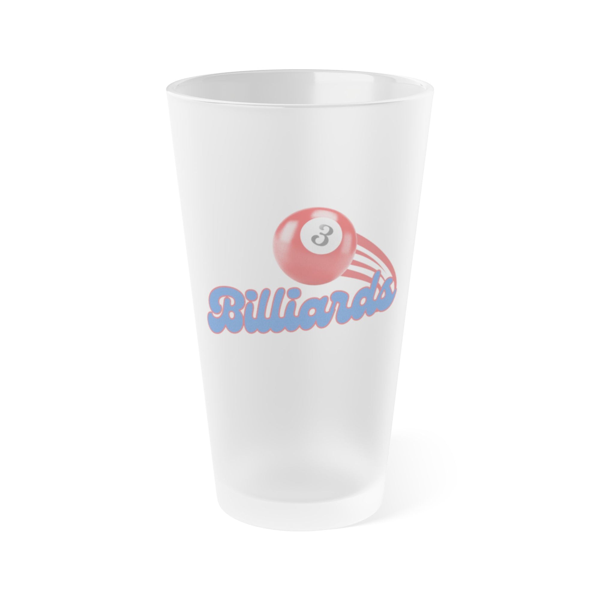 Frosted pint glass with billiards ball and text that says "Billiards" against a white background
