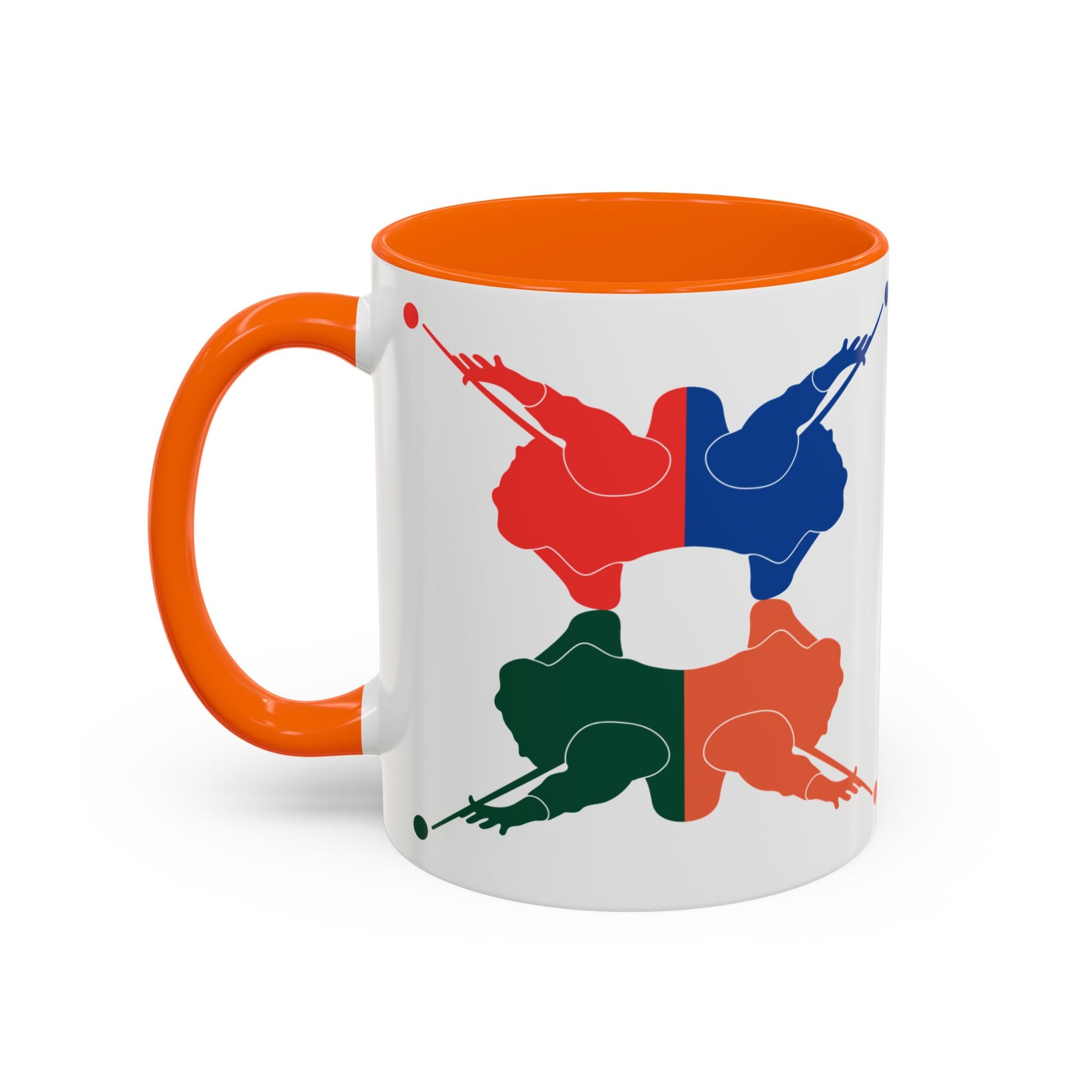 A white ceramic coffee mug with orange accents on the handle and interior, with colorful graphic of 4 billiards player silhouettes in a pop art style, against a white background