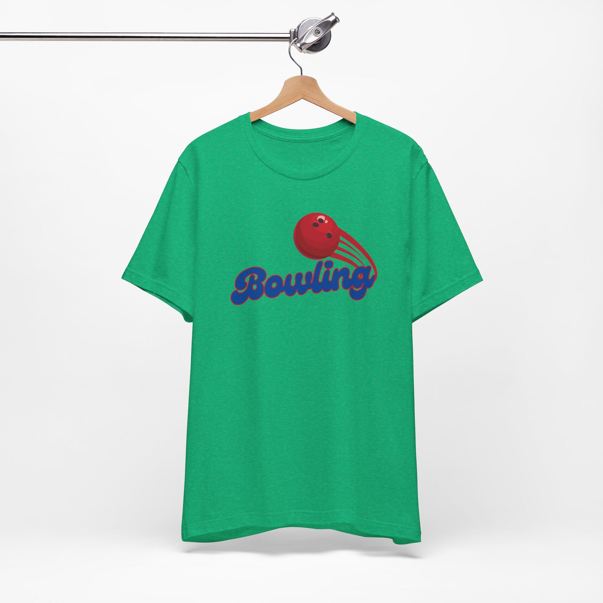 Green t-shirt with a red bowling ball graphic and 'Bowling' text on a hanger against a white background