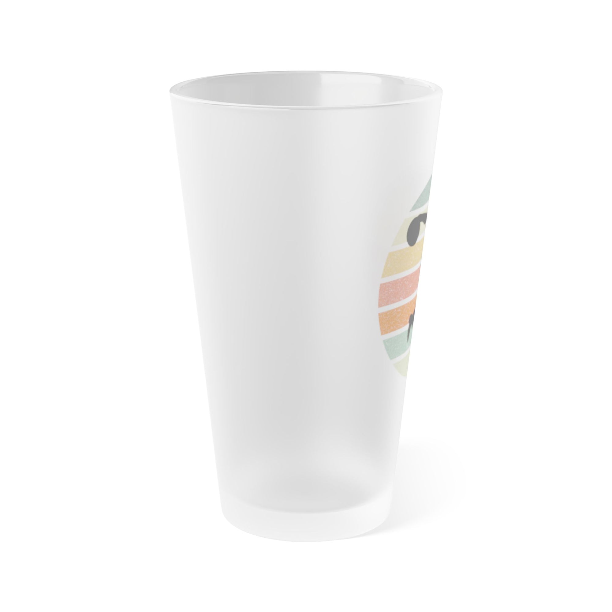 Side view of a frosted pint glass with a silhouette of a person bowling on a colorful background