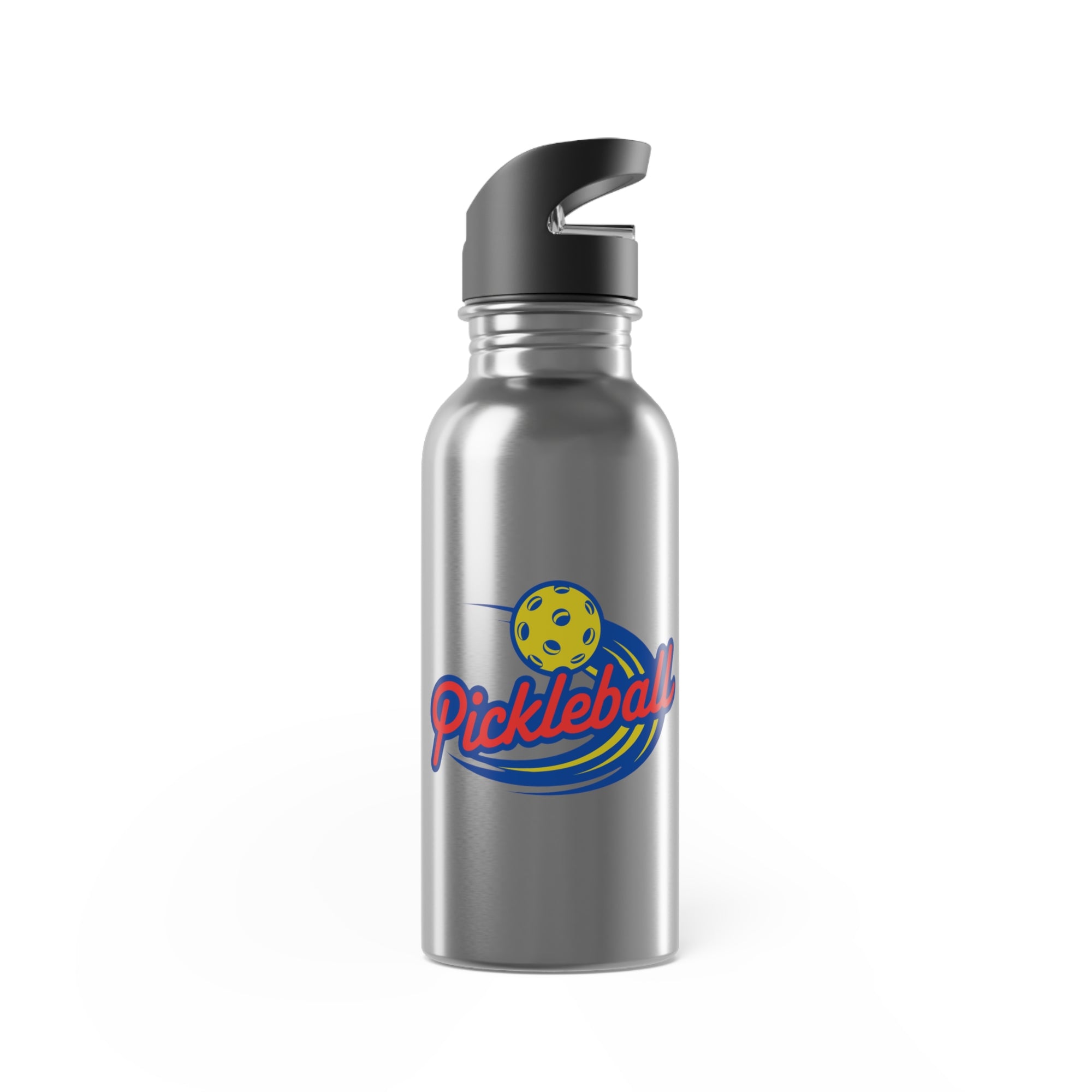 A stainless steel water bottle with a classic pickleball logo featuring the word pickleball and a yellow pickleball with motion lines, against a white background