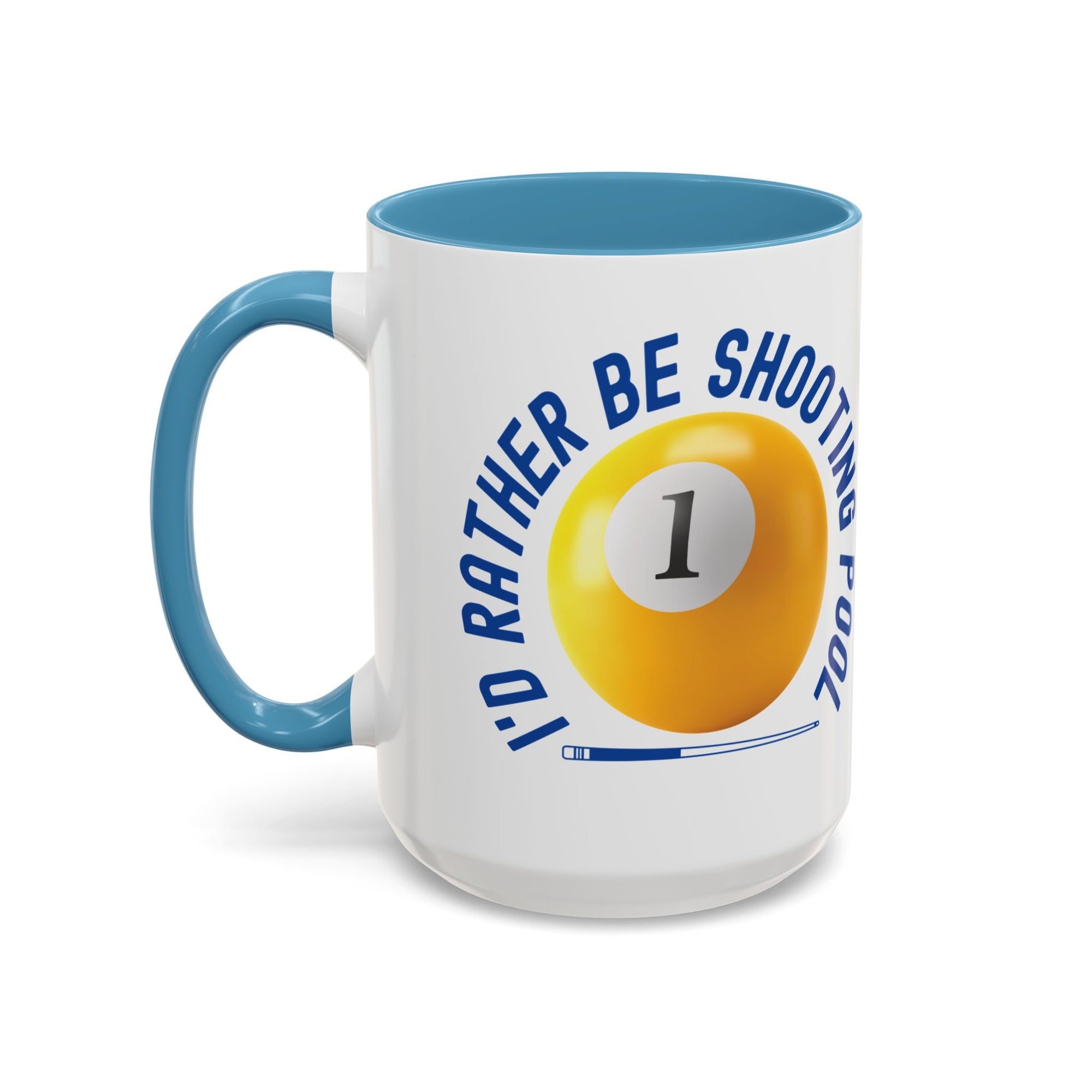 Ceramic coffee mug with light blue accents on the handle and interior, with a yellow billiards ball and cue stick graphic and the text "I'd Rather Be Shooting Pool" on a white background