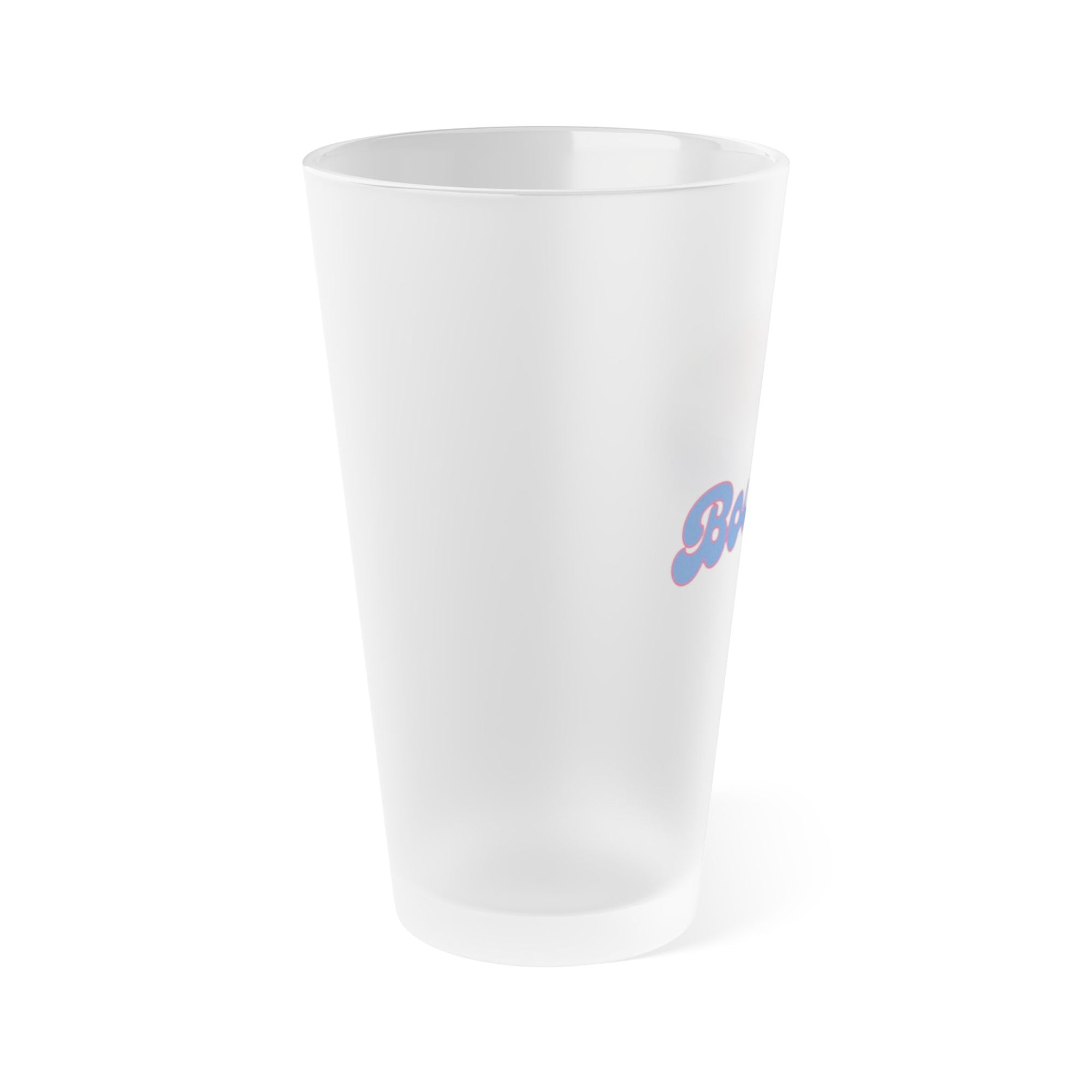 Side view of a frosted pint glass with a red bowling ball graphic and 'Bowling' text on a white background