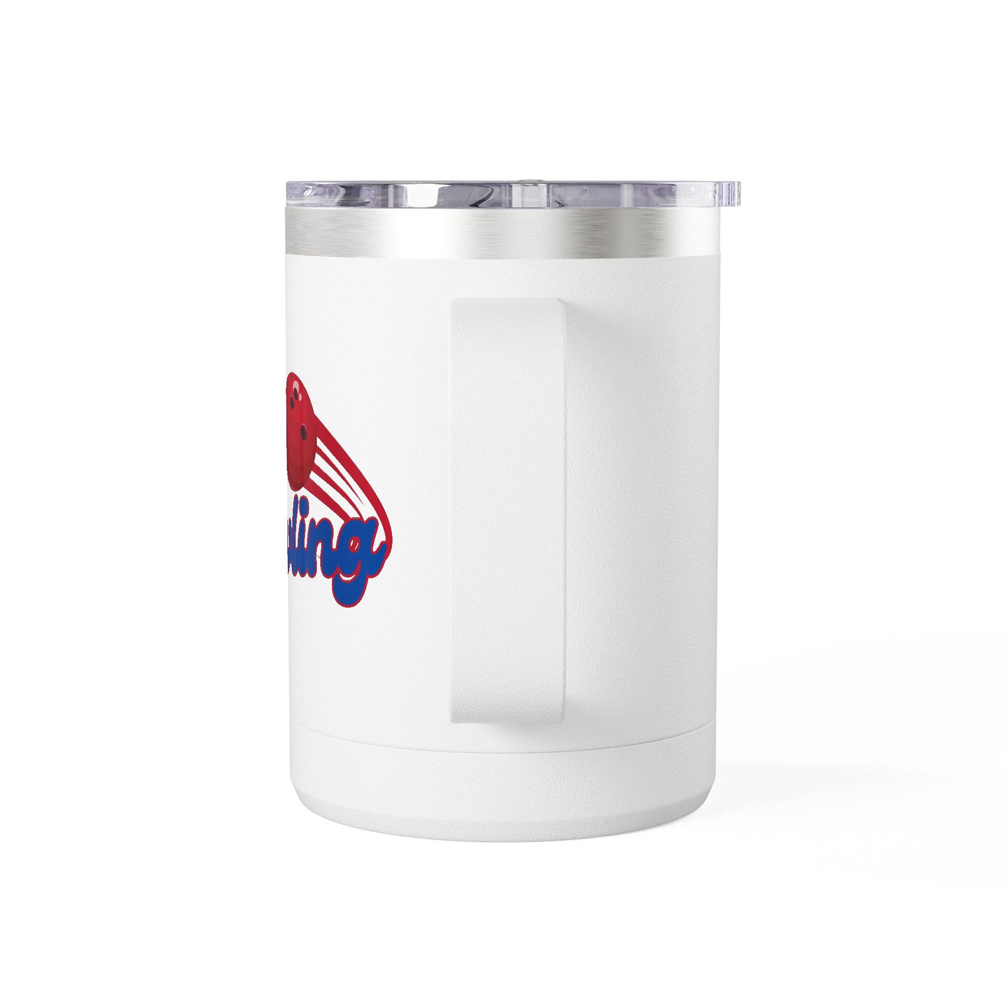 Side view of a white travel mug with lid and handle with red bowling ball and blue 'Bowling' text on a white background