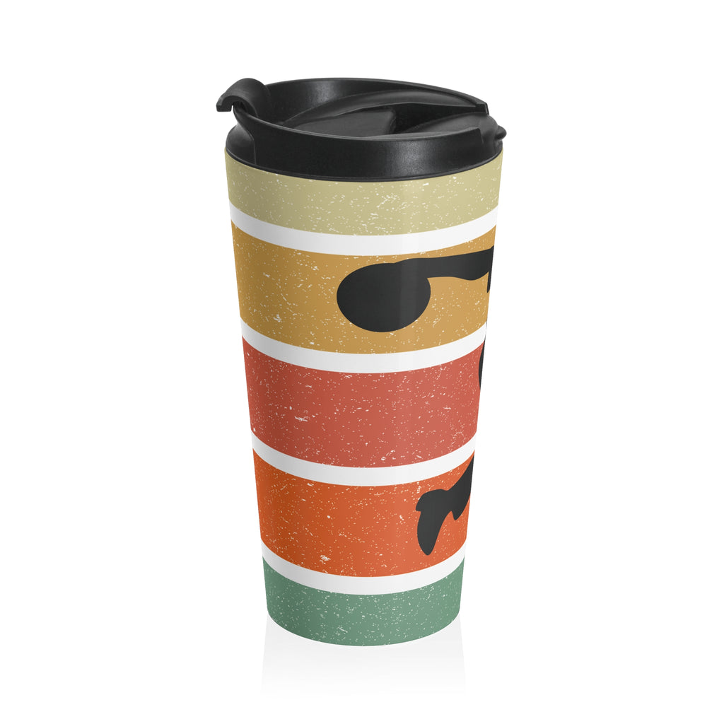Side view of a travel mug with sip lid with a an image of a silhouette of a bowler over a colorful retro graphic, on a white background.