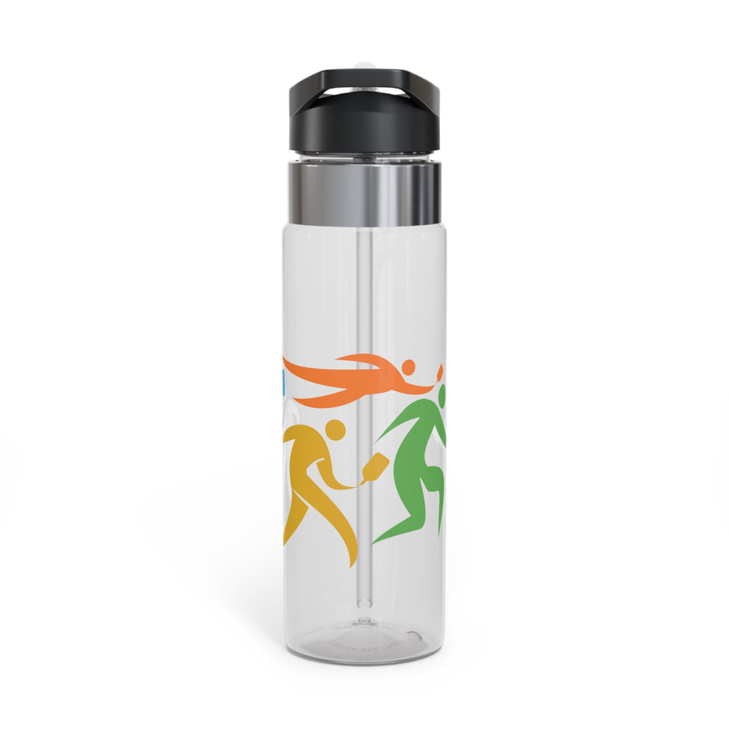 A clear water bottle with a lid, featuring an image of four colorful pickleball player drawings playing pickleball against a white background