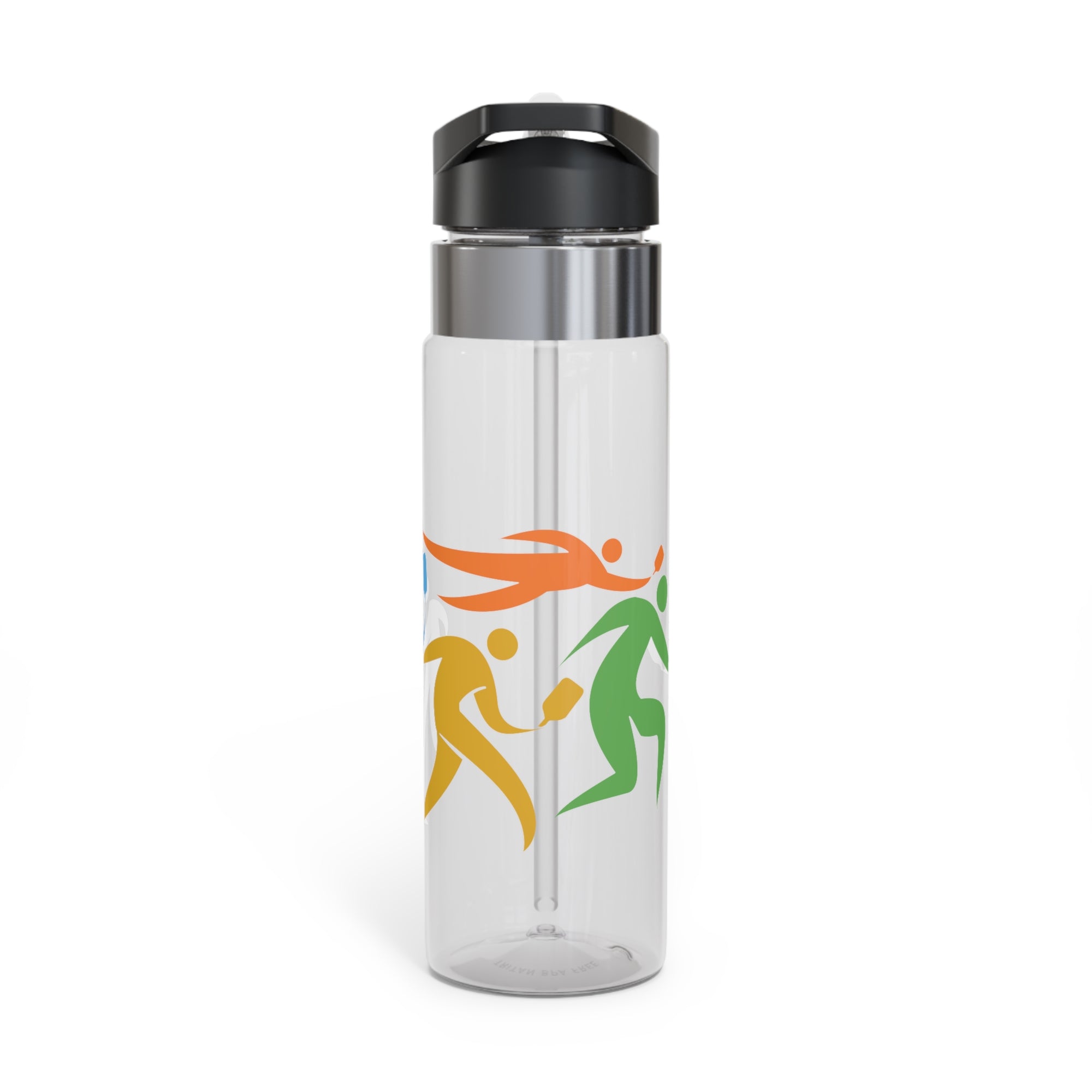 A clear water bottle with a lid, featuring an image of four colorful pickleball player drawings playing pickleball against a white background