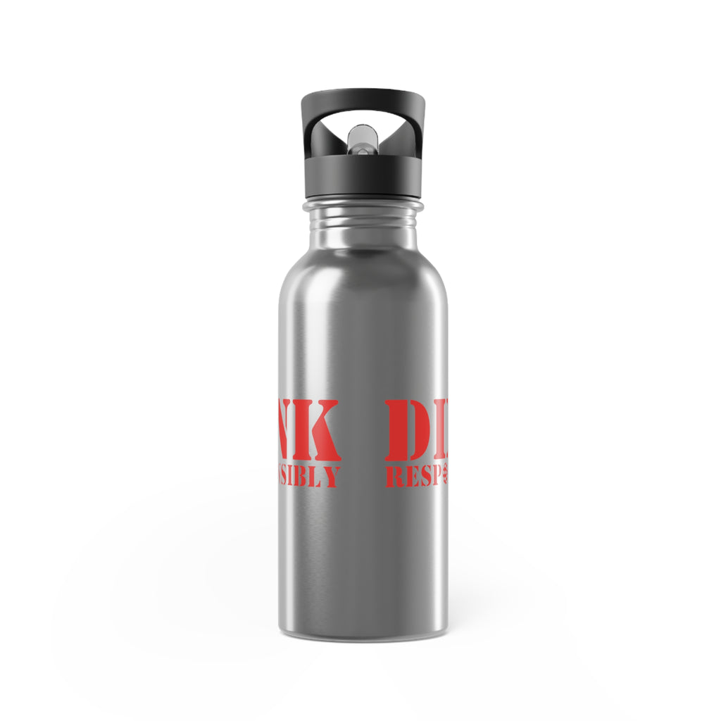 A stainless steel water bottle with red text 'DINK RESPONSIBLY' with a pickleball replacing the "O" in "Responsibly" against a white background