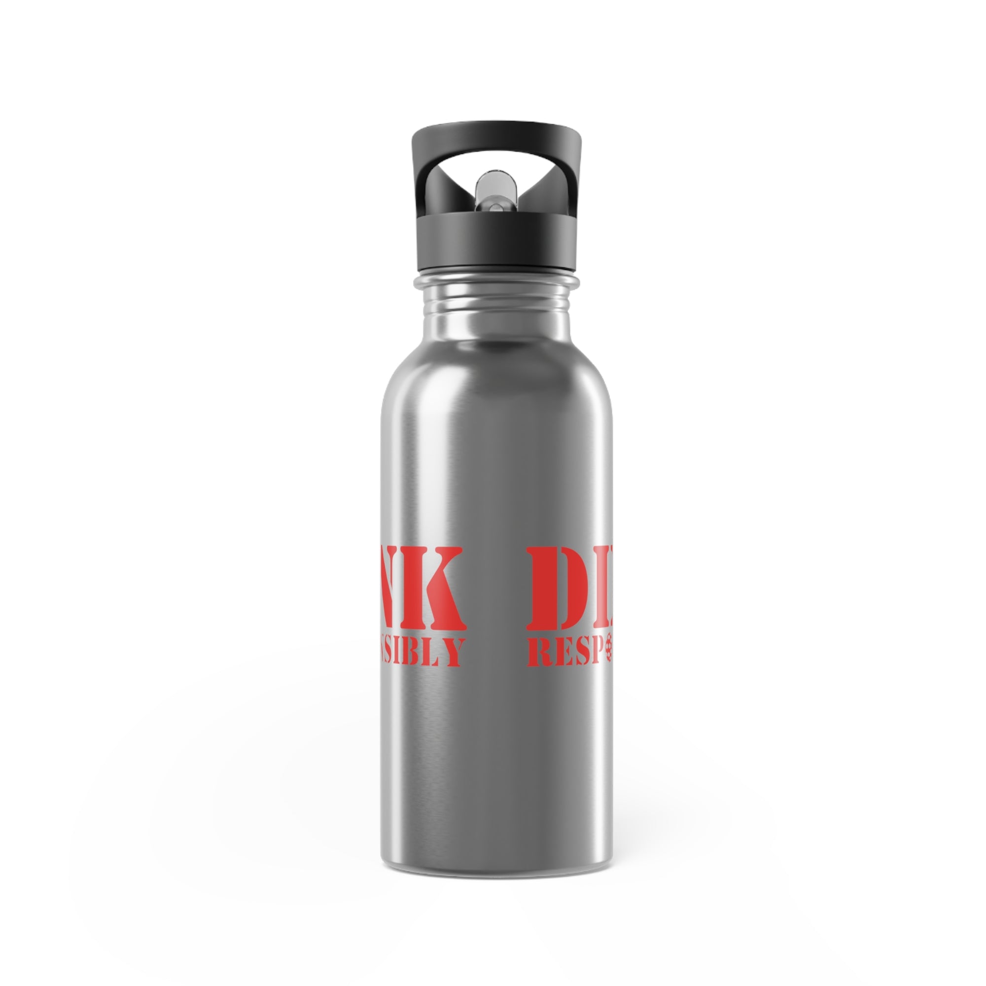 A stainless steel water bottle with red text 'DINK RESPONSIBLY' with a pickleball replacing the "O" in "Responsibly" against a white background