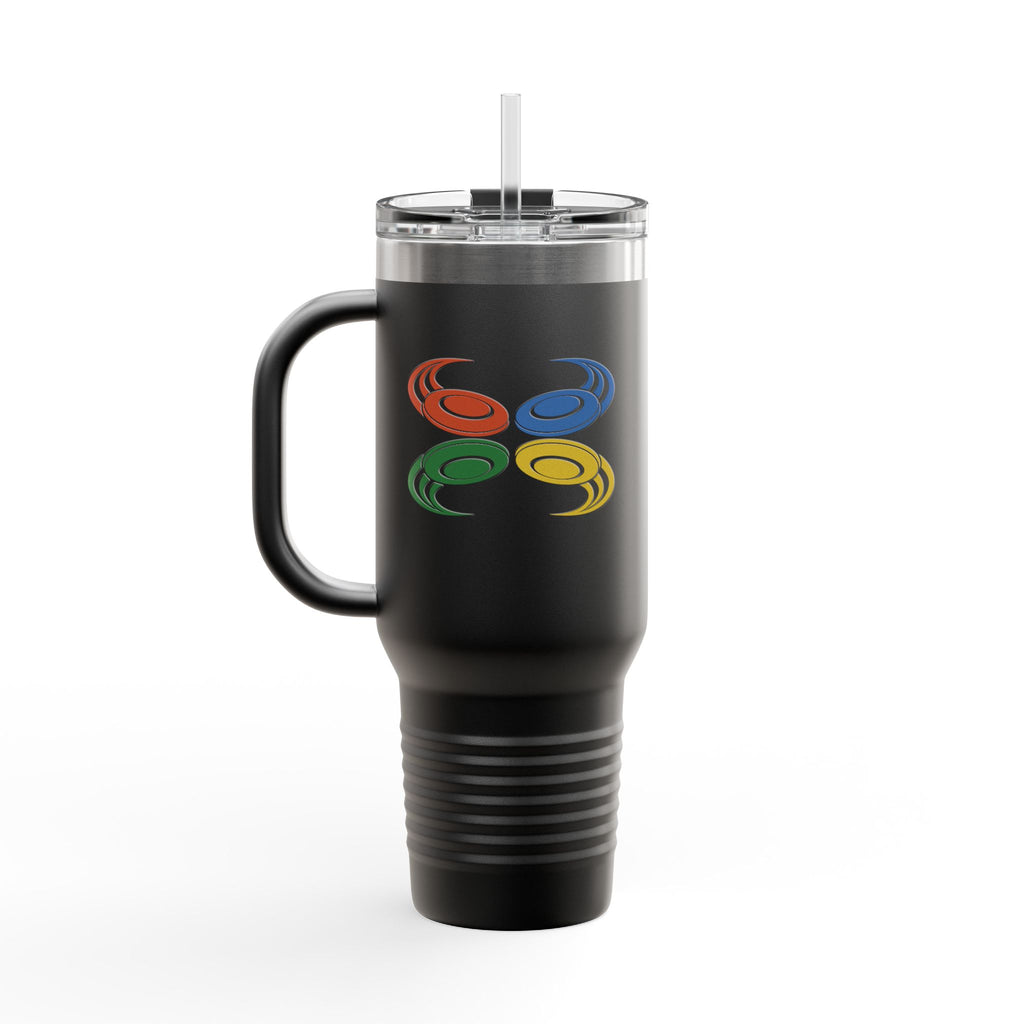 A black travel tumbler with handle, lid, and straw featuring a colorful graphic of flying disc golf discs, against a white background