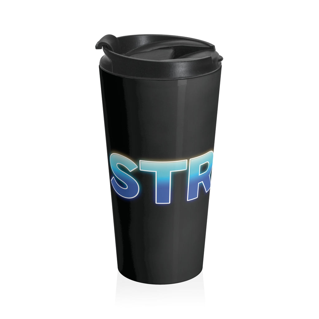Black travel coffee mug with black lid, with 'STRIKE!' with the "I" replaced by a bowling pin, on a white background