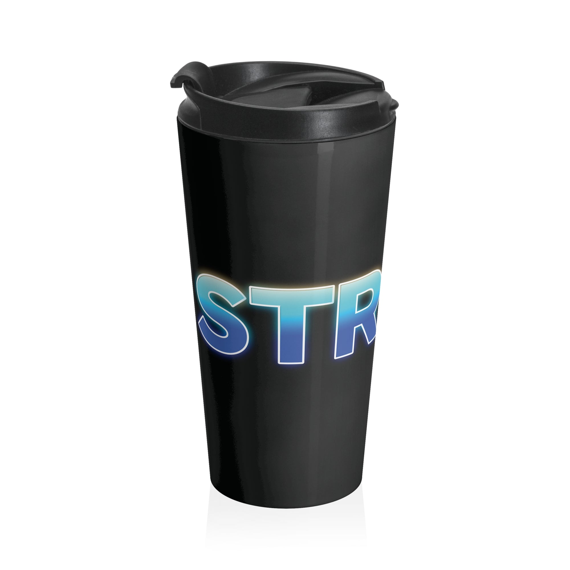 Black travel coffee mug with black lid, with 'STRIKE!' with the "I" replaced by a bowling pin, on a white background