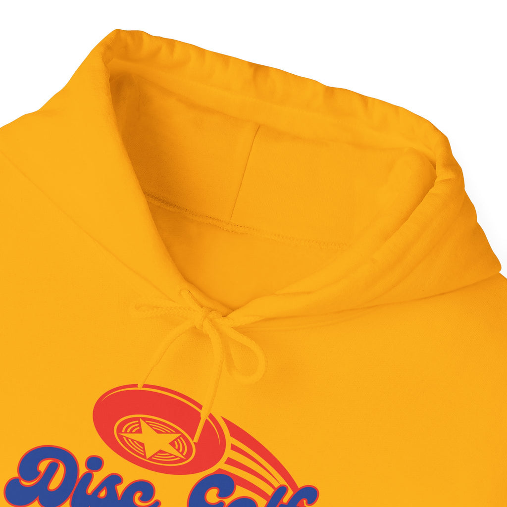 Close-up of the neckline of a yellow hoodie with 'Disc Golf' in a blue script text outlined in red and disc golf with motion trails, against a white background