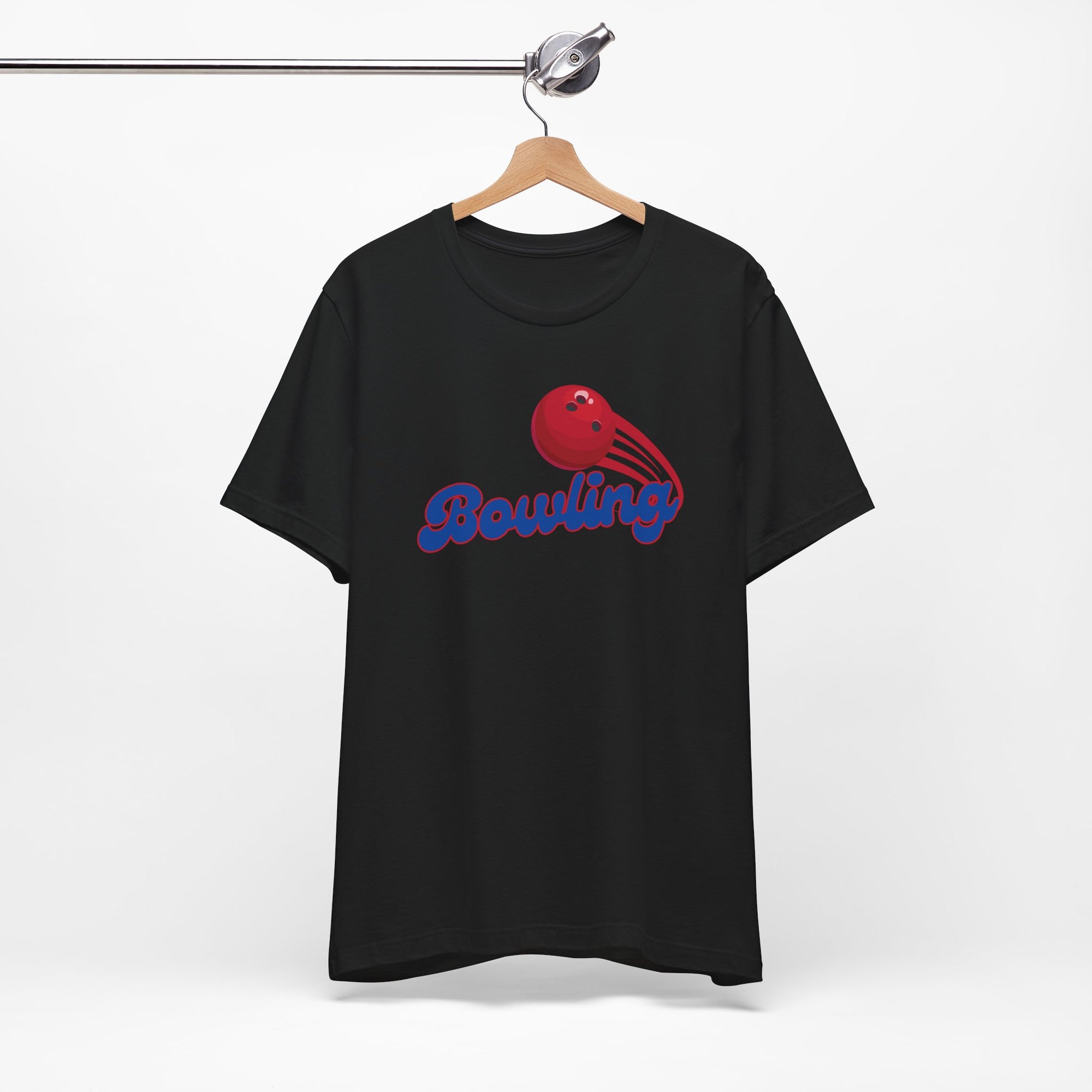 Black t-shirt with a red bowling ball graphic and 'Bowling' text on a hanger against a white background