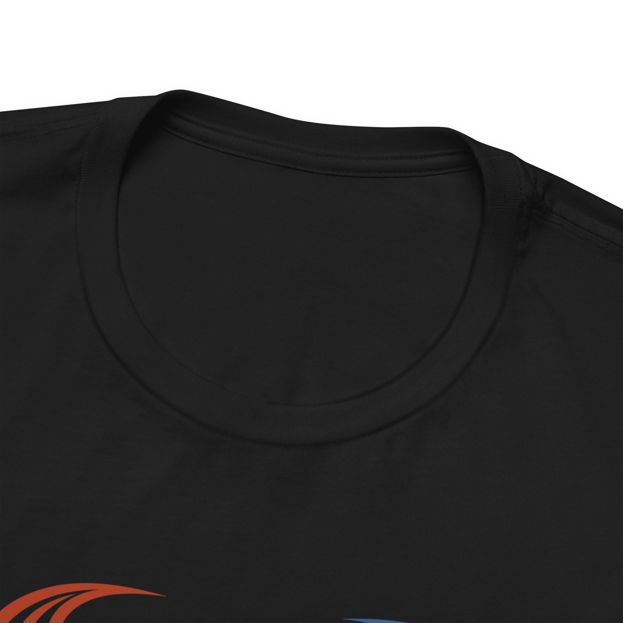 Close-up neckline view of a black t-shirt with colorful graphic of flying disc golf discs, on a hanger against a white background