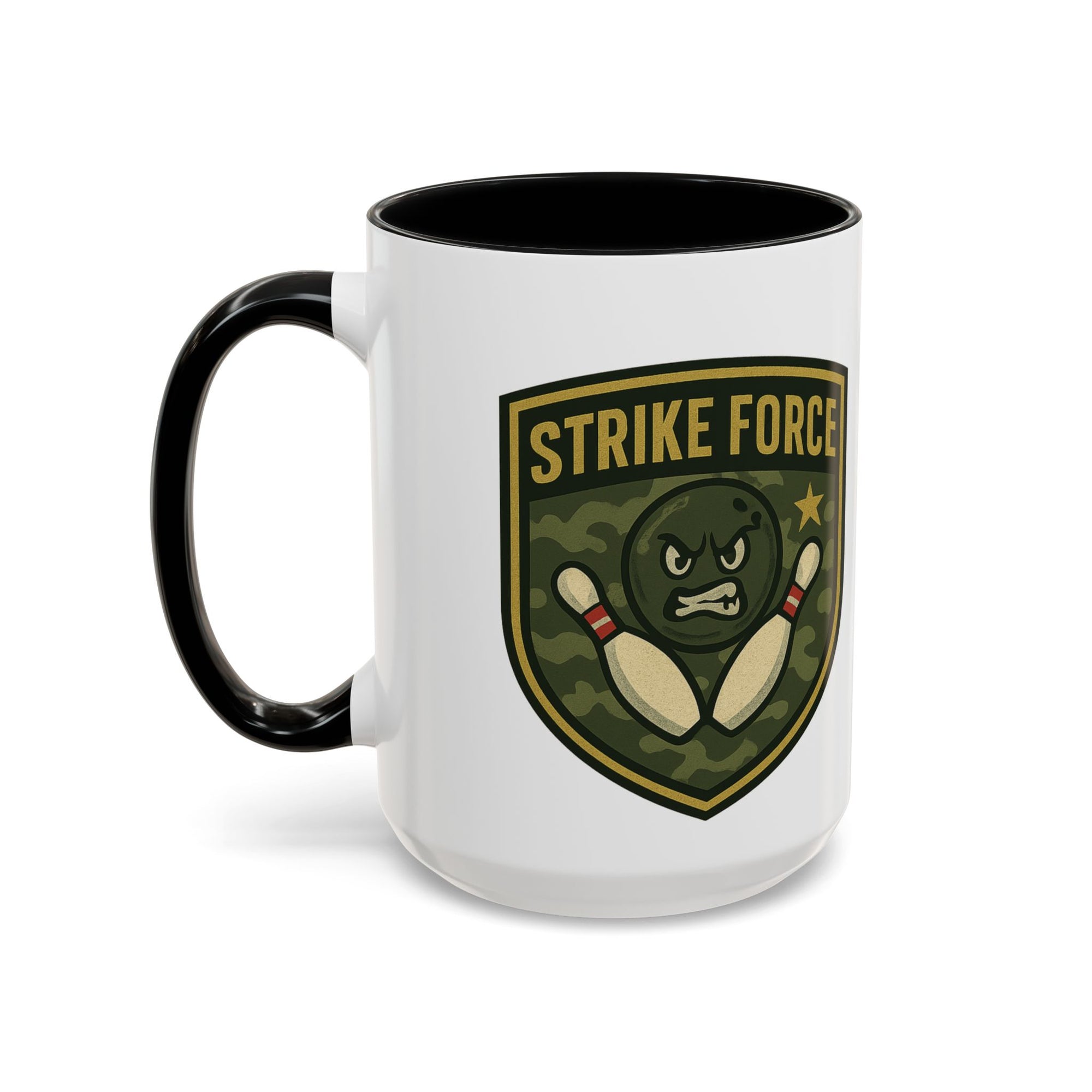 A white ceramic coffee mug with black accents on the handle and interior, with bowling 'Strike Force' military-style patch on a white background
